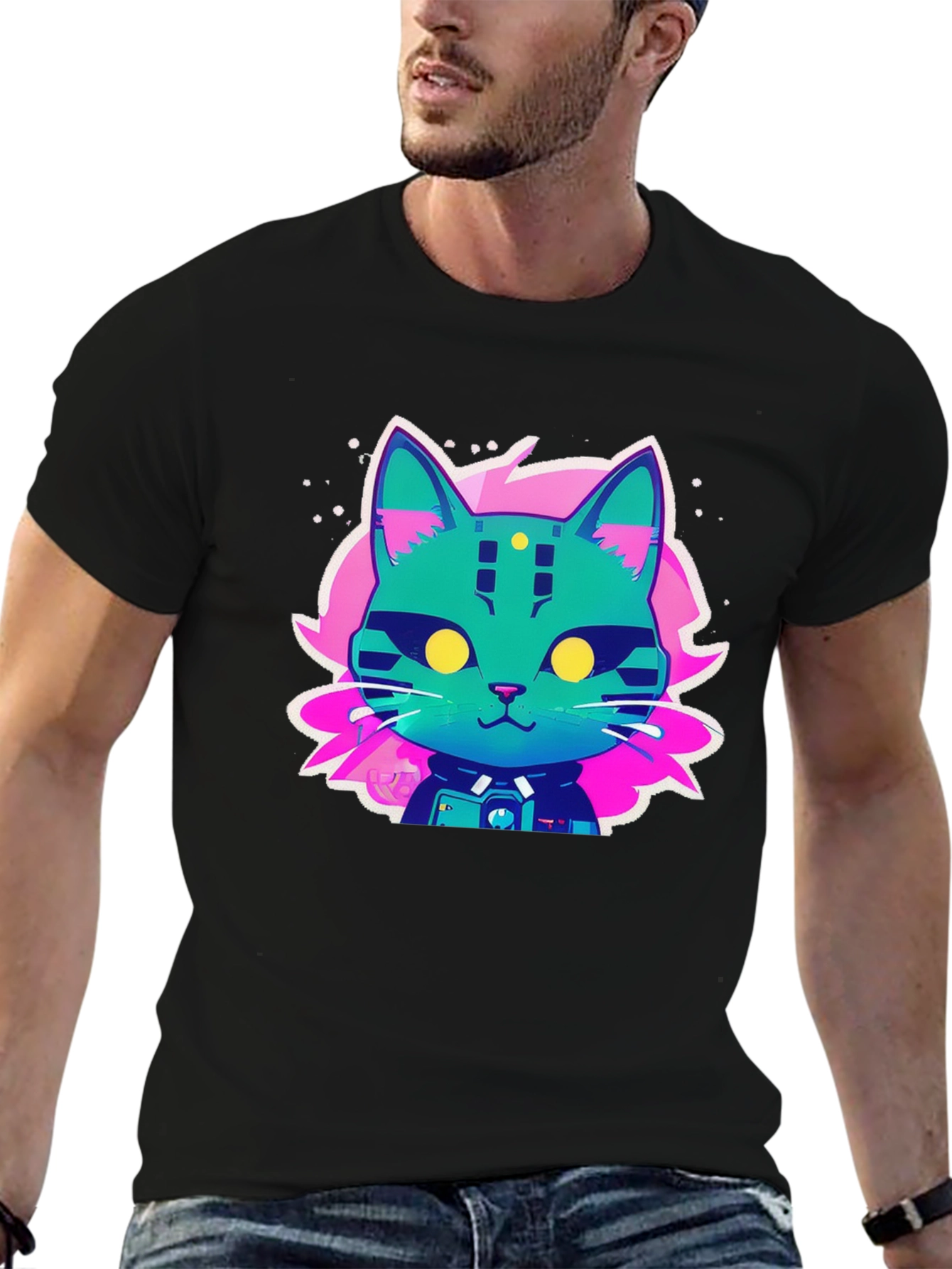 Cyberpunk Cat Graphic T-Shirt - Black Cotton Tee