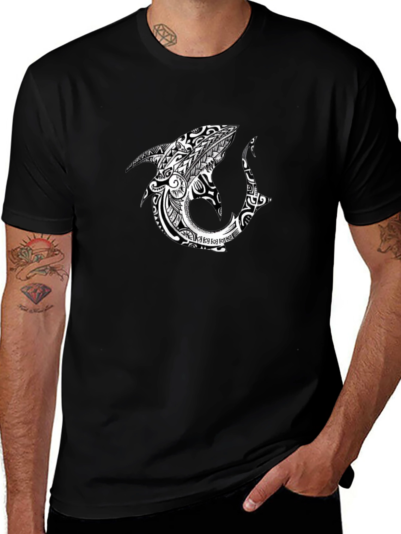 Tribal Shark Black Graphic Tee