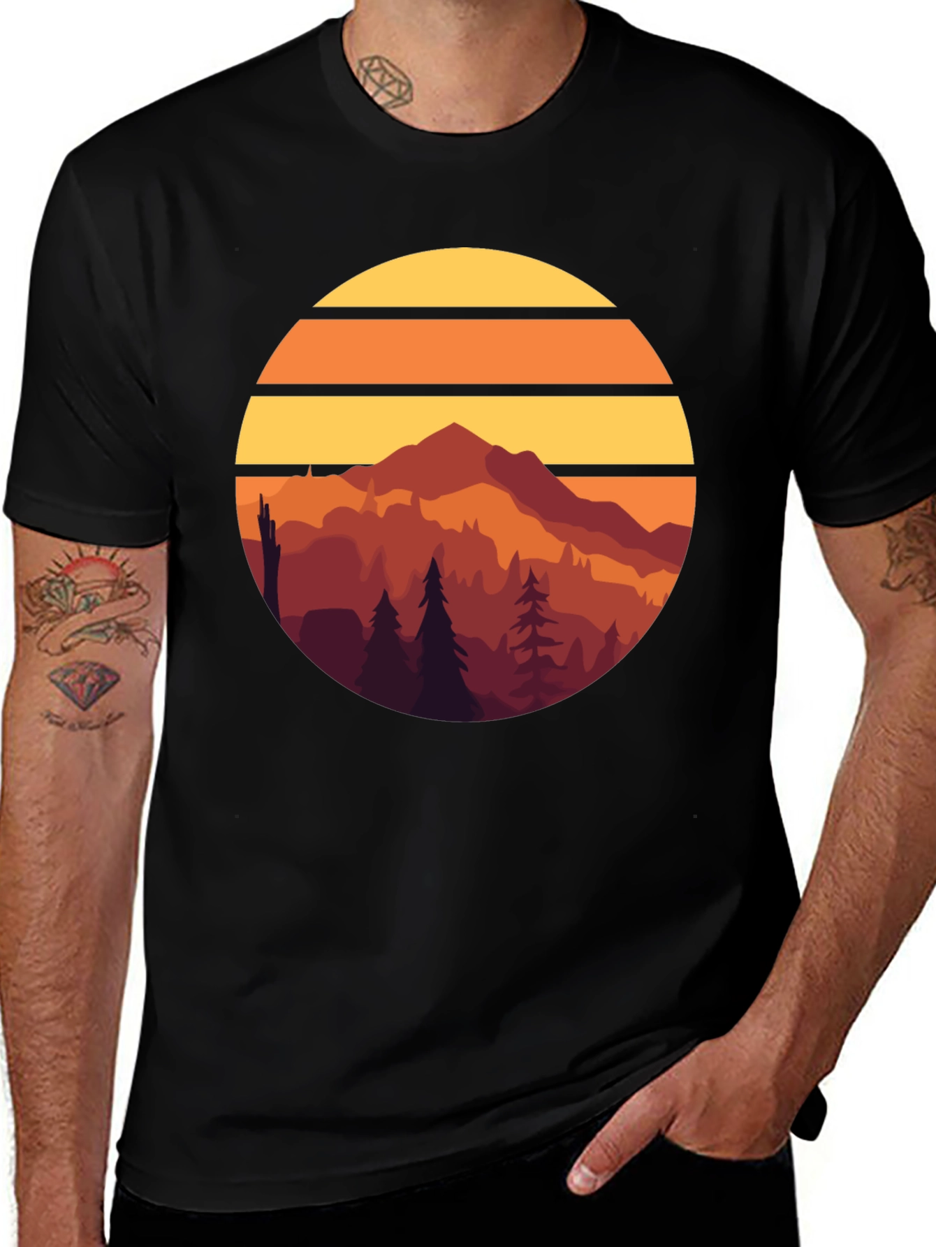 Retro Mountain Sunset Graphic Tee - Black Cotton T-Shirt