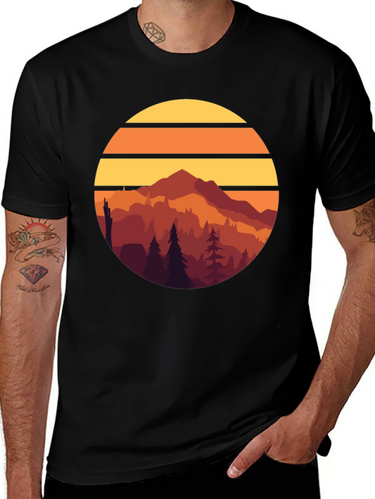 Retro Mountain Sunset Graphic Tee - Black Cotton T-Shirt