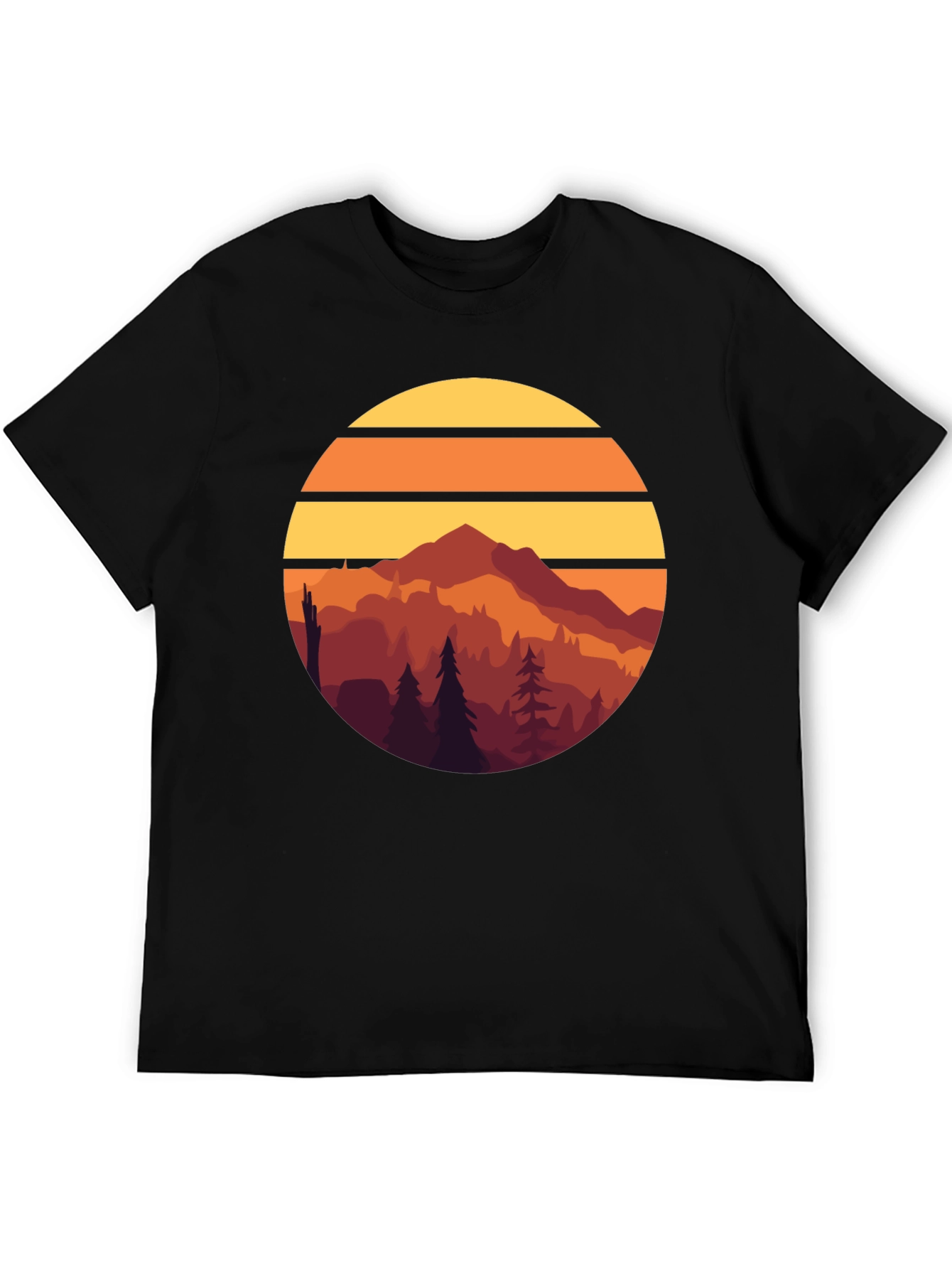 Retro Mountain Sunset Graphic Tee - Black Cotton T-Shirt