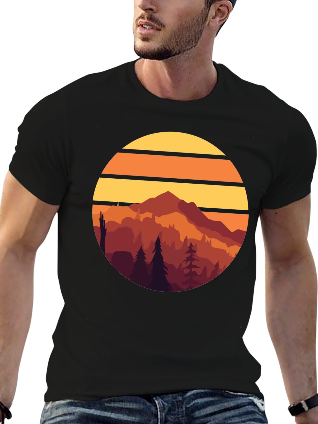 Retro Mountain Sunset Graphic Tee - Black Cotton T-Shirt
