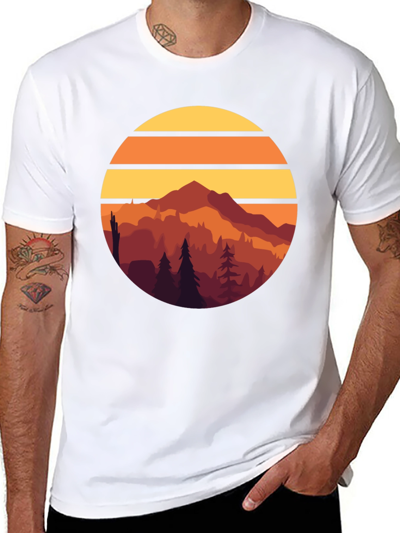 Retro Mountain Sunset Graphic Tee - Black Cotton T-Shirt