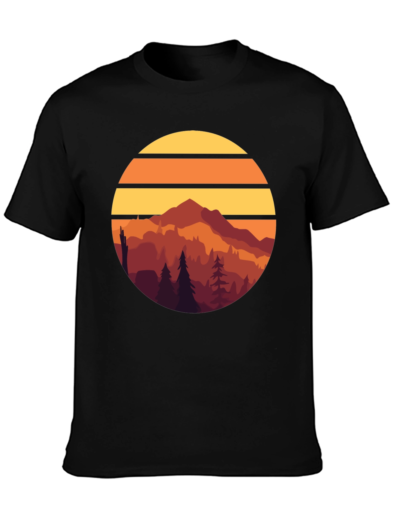 Retro Mountain Sunset Graphic Tee - Black Cotton T-Shirt