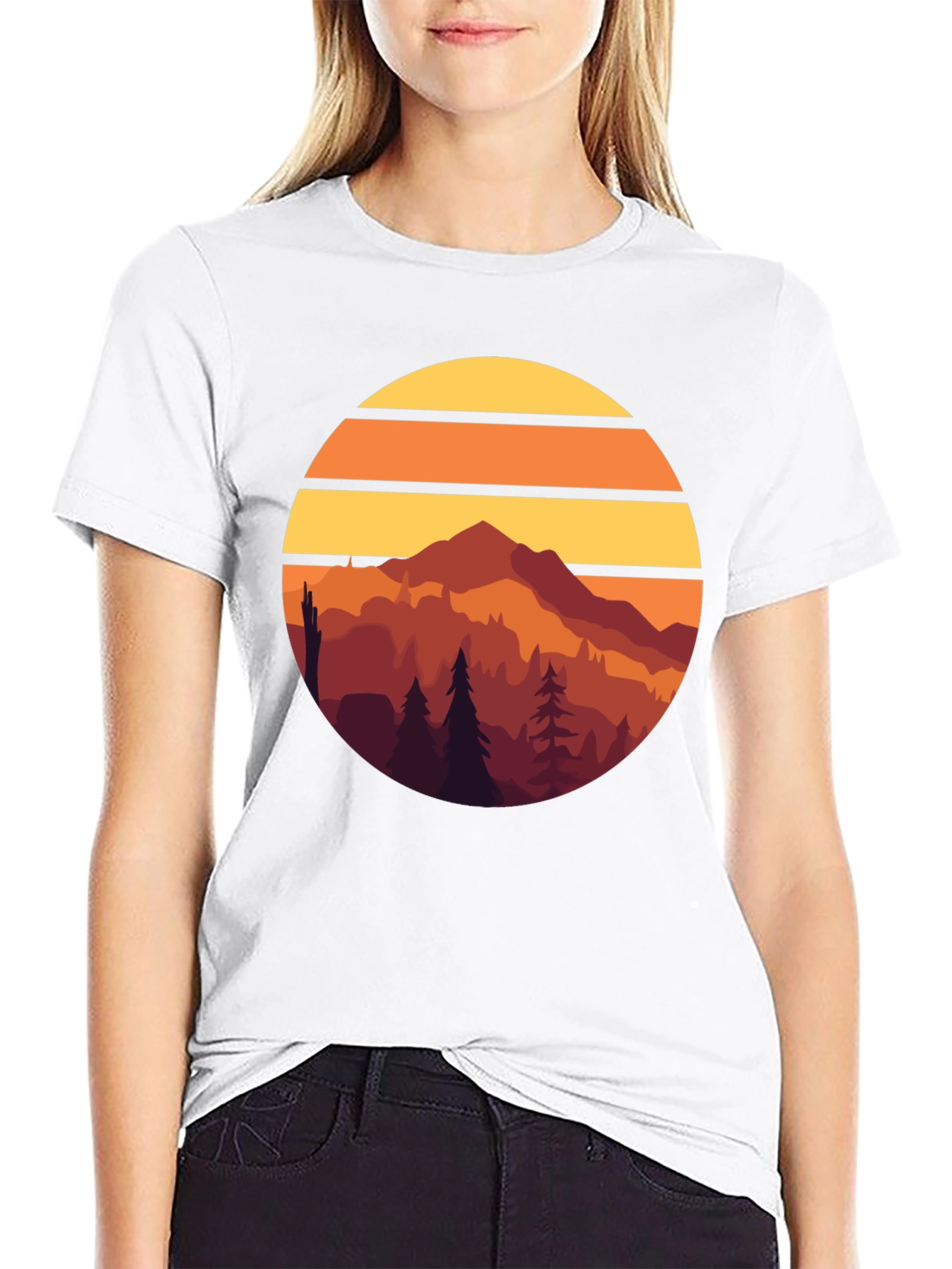 Retro Mountain Sunset Graphic Tee - Black Cotton T-Shirt