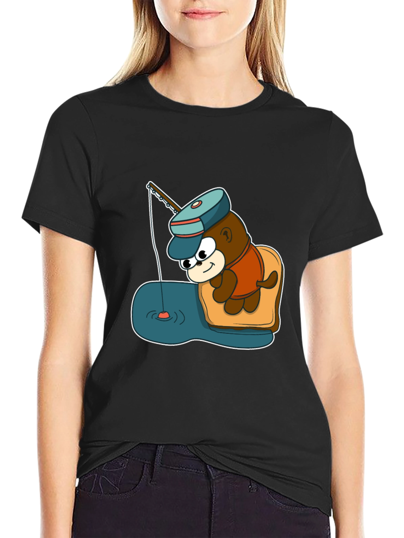 Cartoon Bear Fishing Graphic Tee - Black