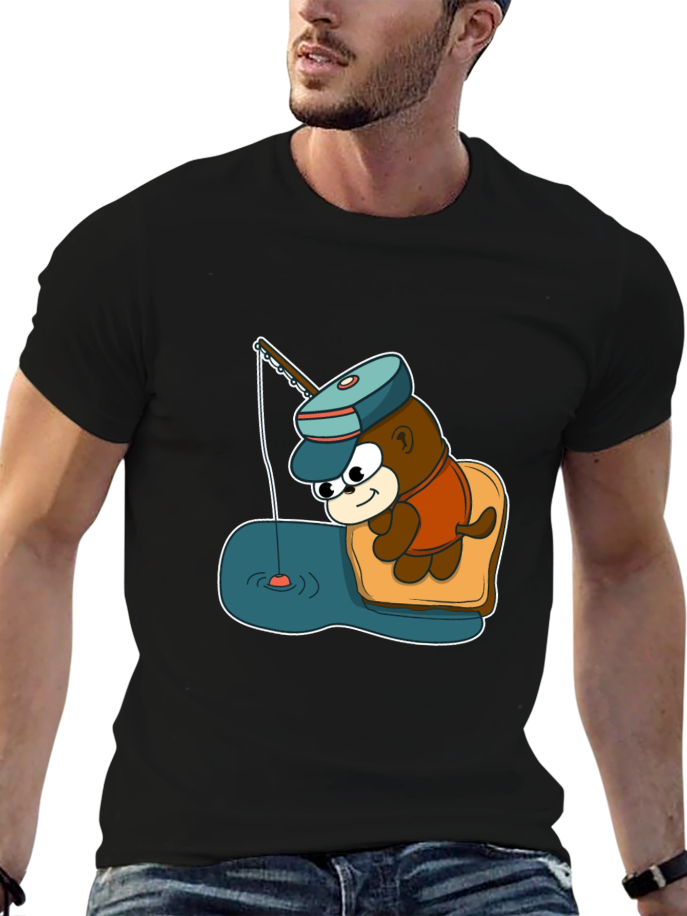 Cartoon Bear Fishing Graphic Tee - Black