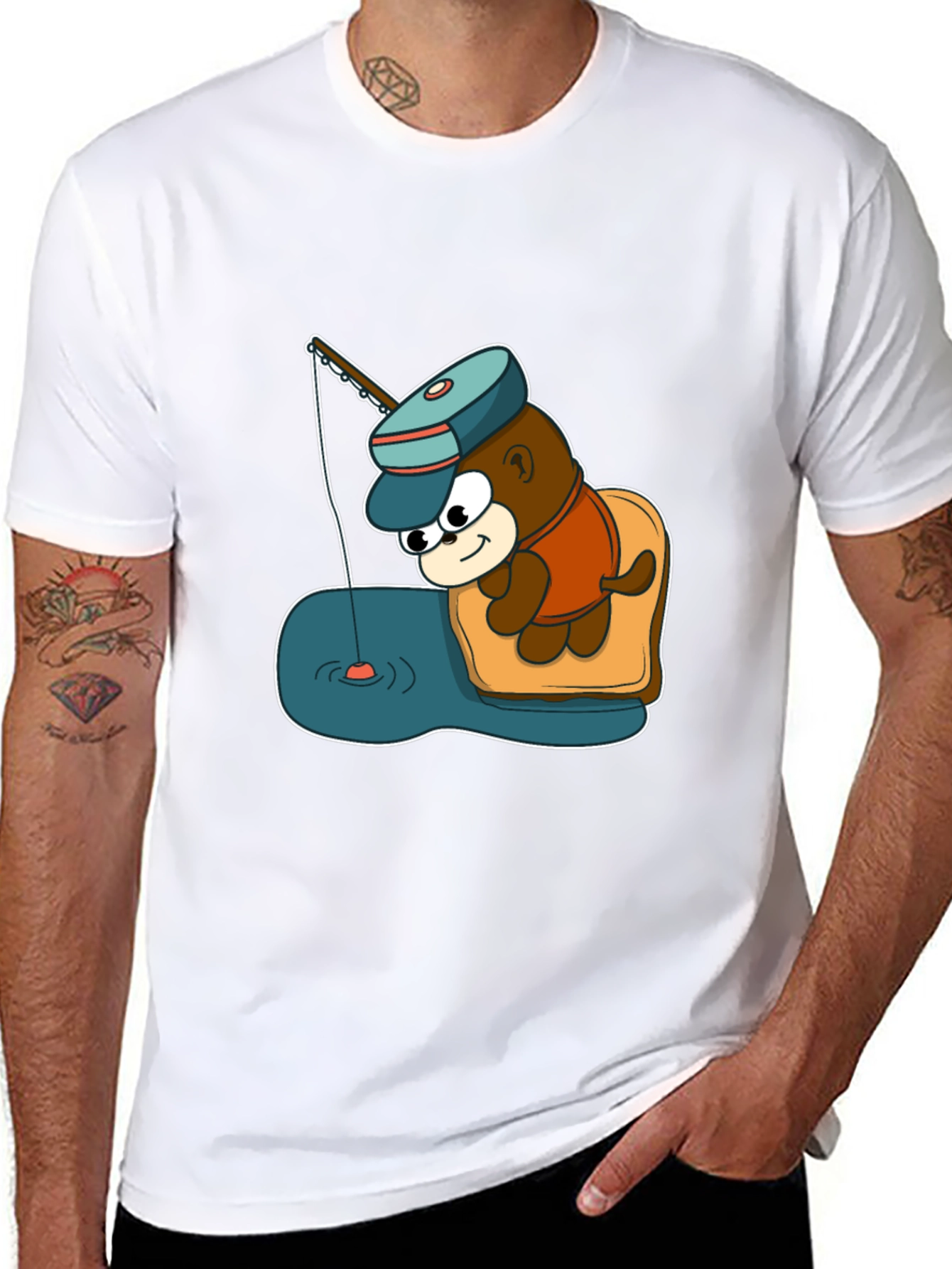 Cartoon Bear Fishing Graphic Tee - Black