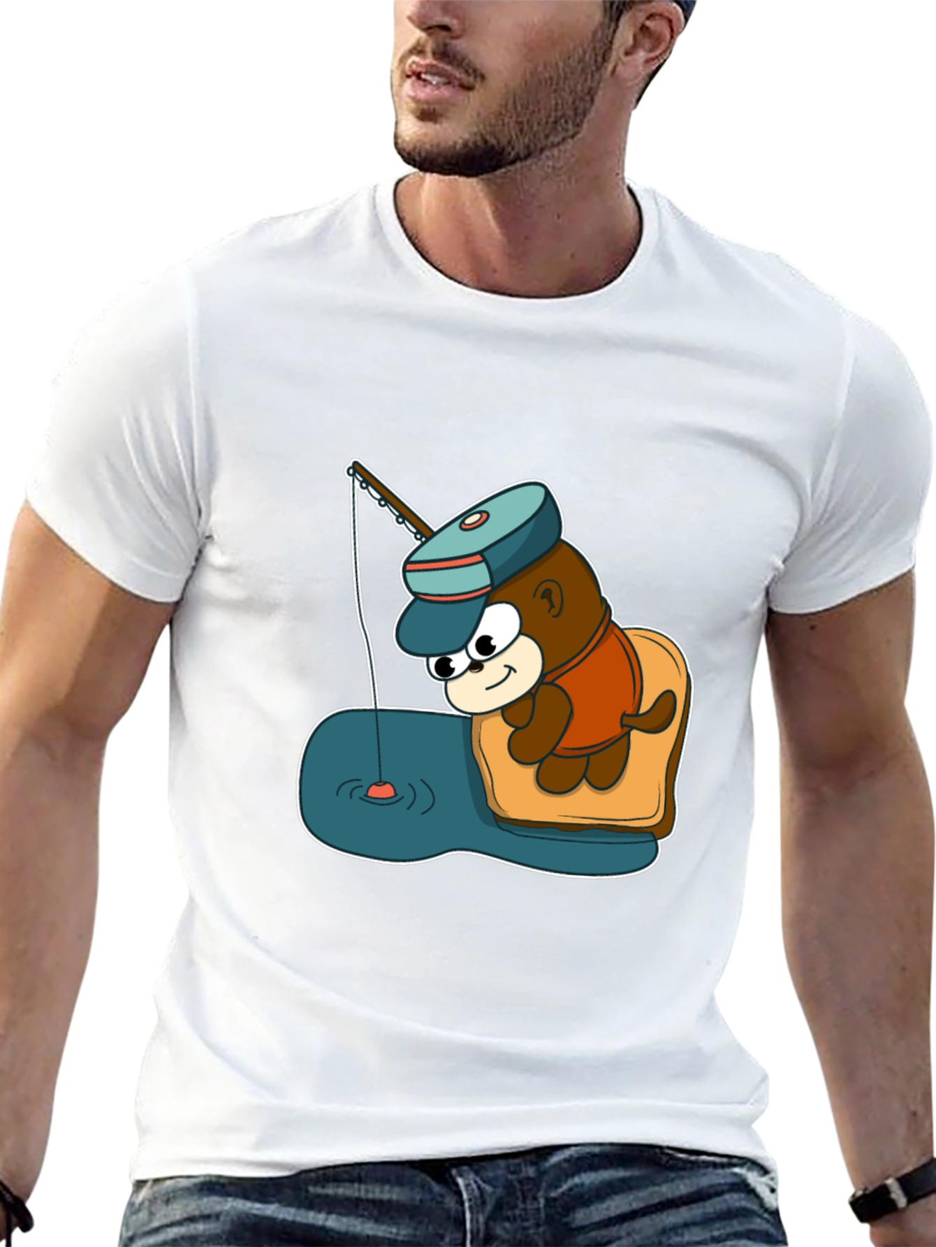 Cartoon Bear Fishing Graphic Tee - Black