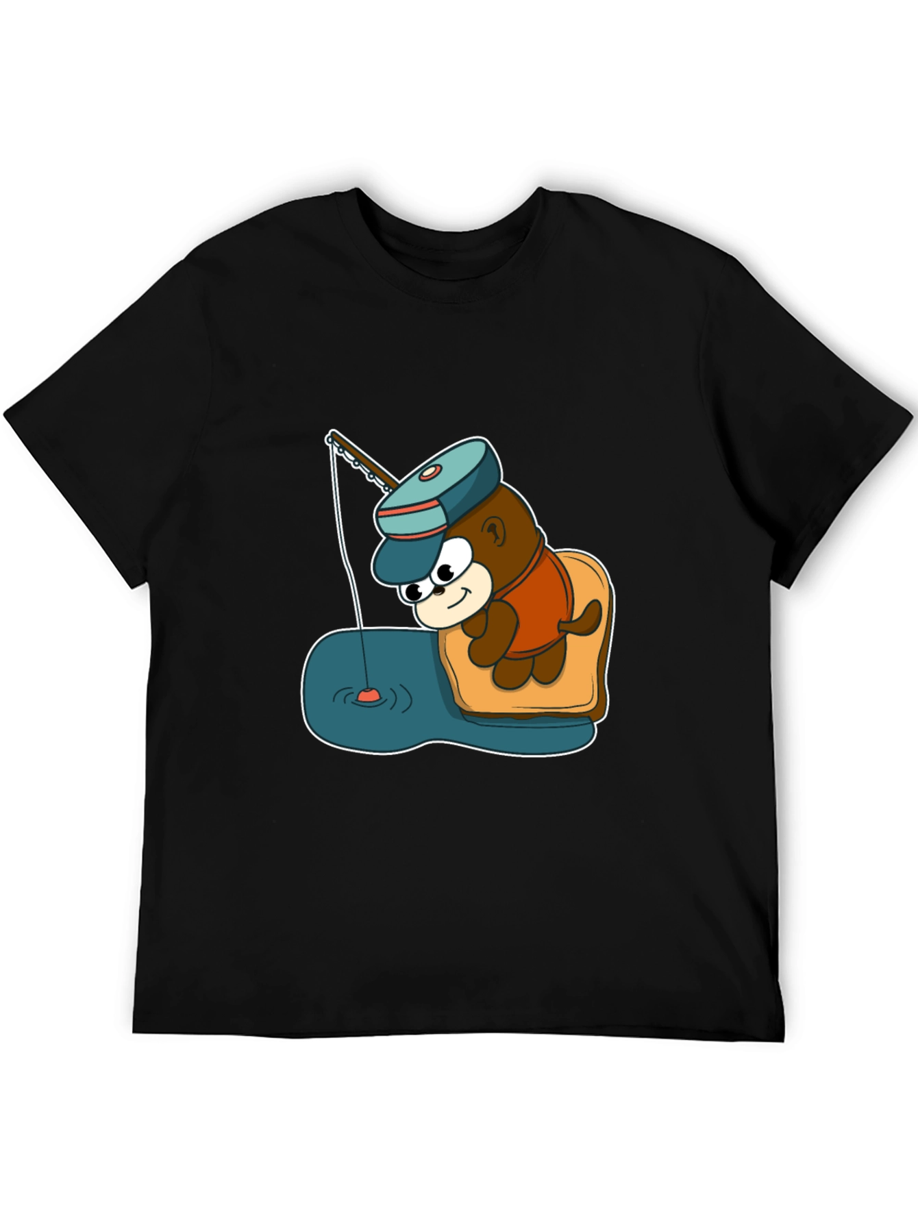 Cartoon Bear Fishing Graphic Tee - Black