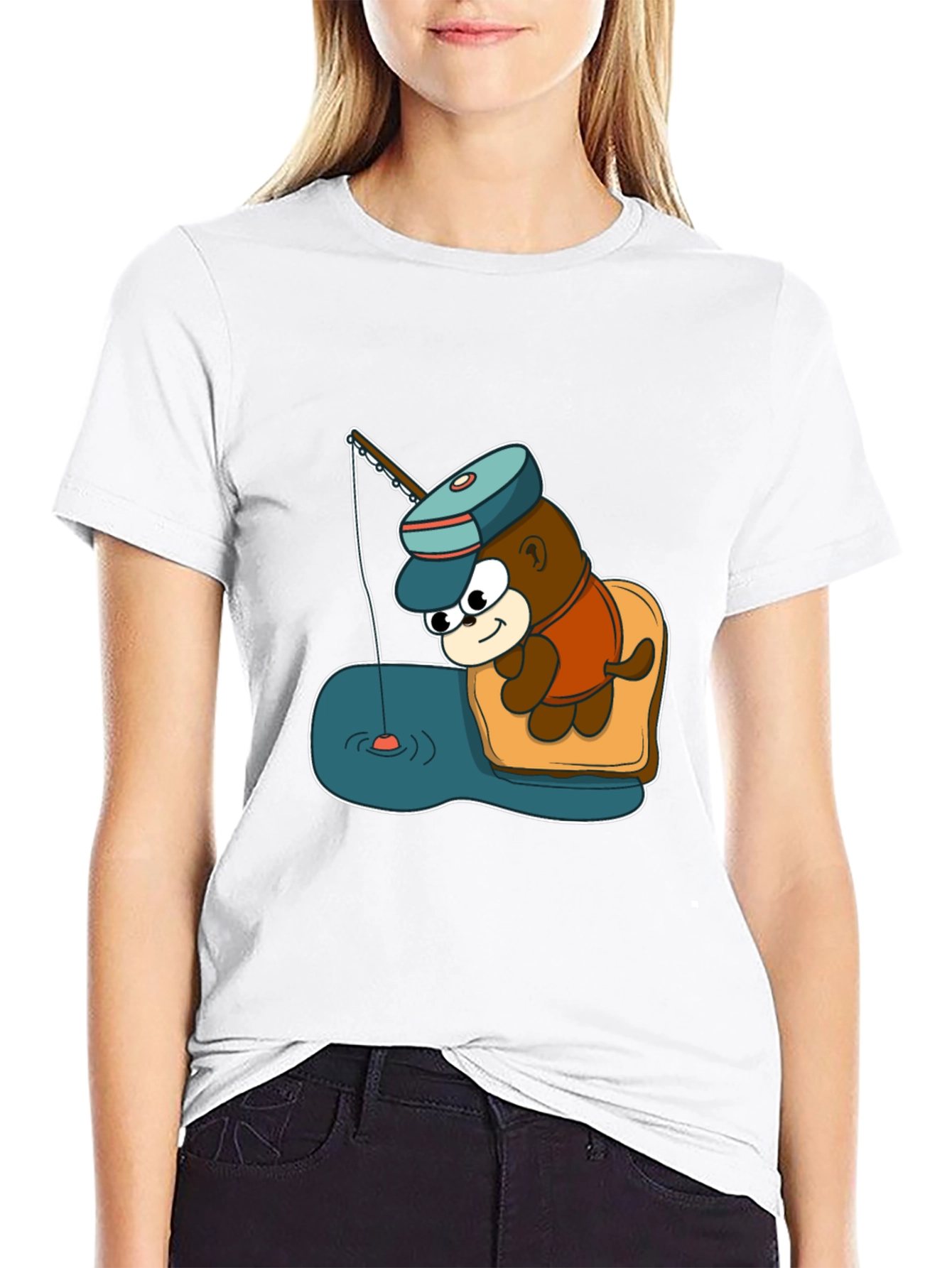 Cartoon Bear Fishing Graphic Tee - Black