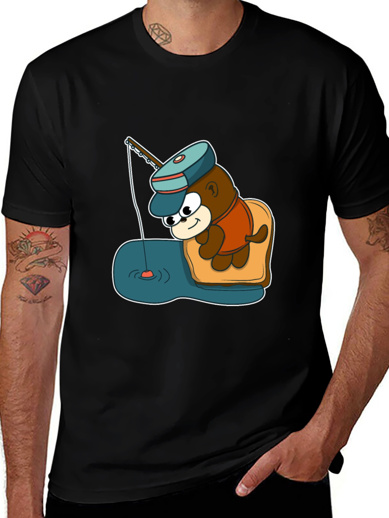Cartoon Bear Fishing Graphic Tee - Black
