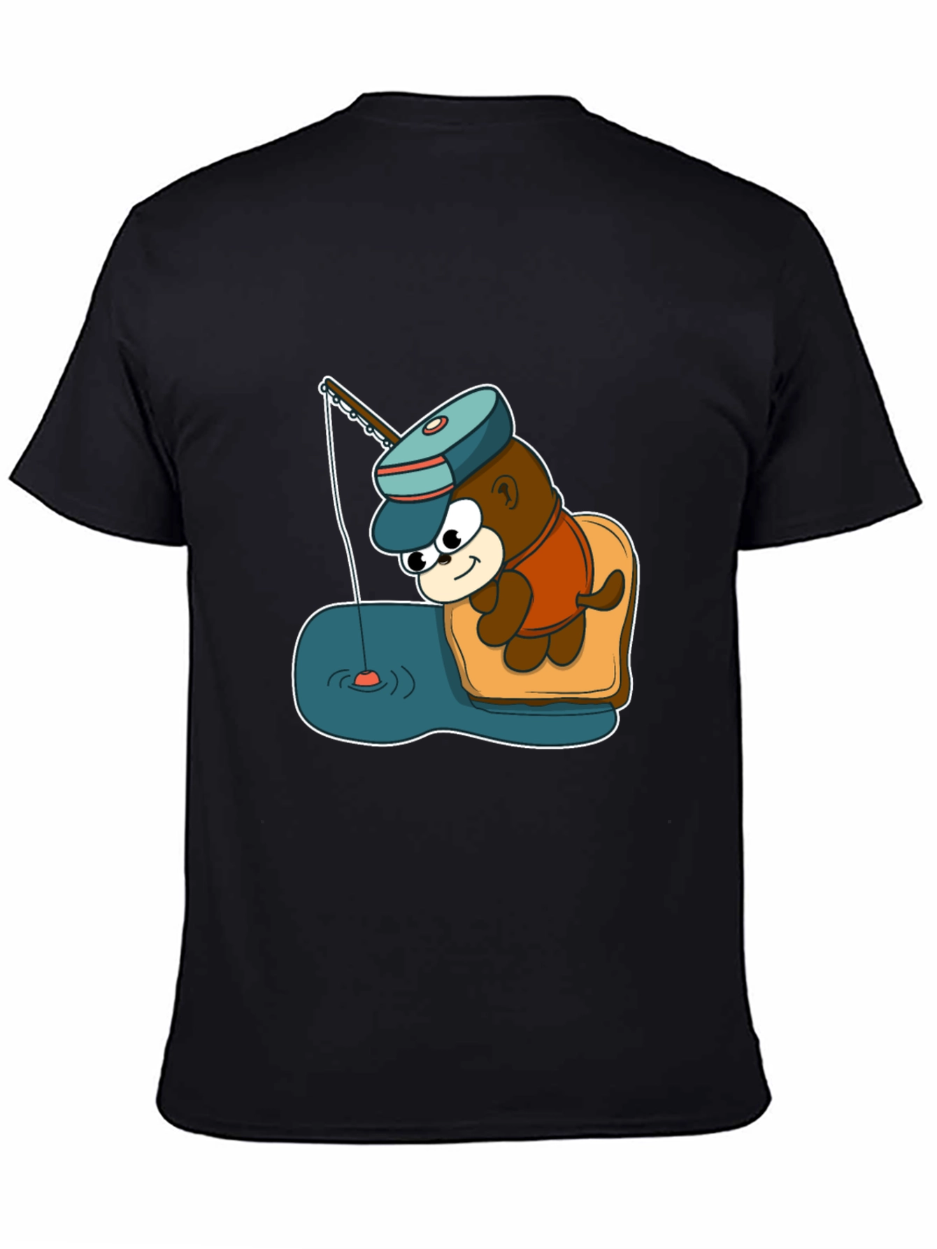 Cartoon Bear Fishing Graphic Tee - Black