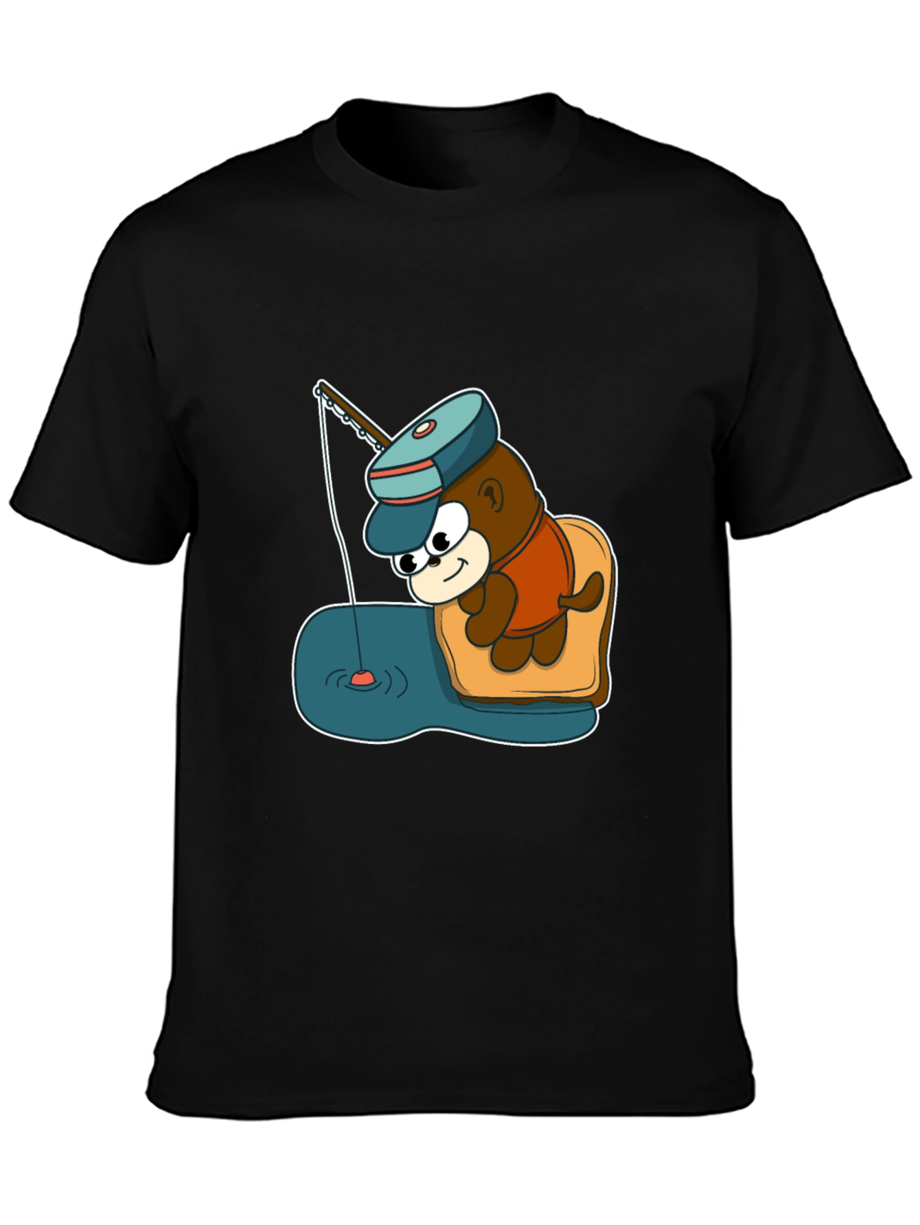 Cartoon Bear Fishing Graphic Tee - Black