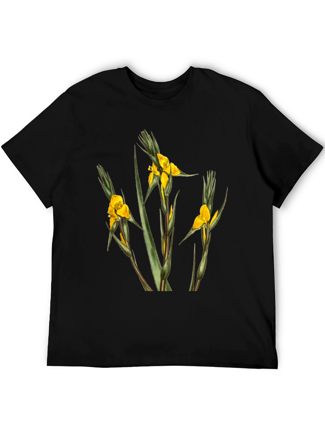 Botanical Yellow Flower Graphic Black T-Shirt