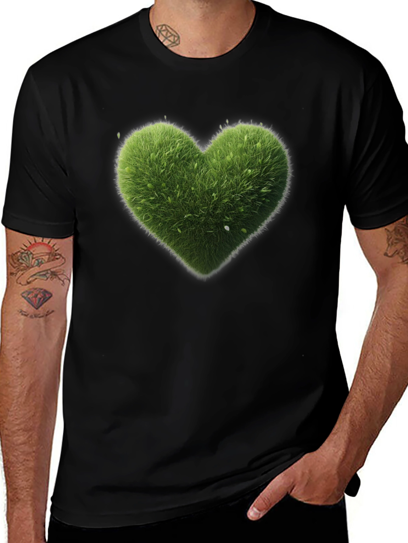 Green Heart Graphic Tee - Black Cotton T-Shirt