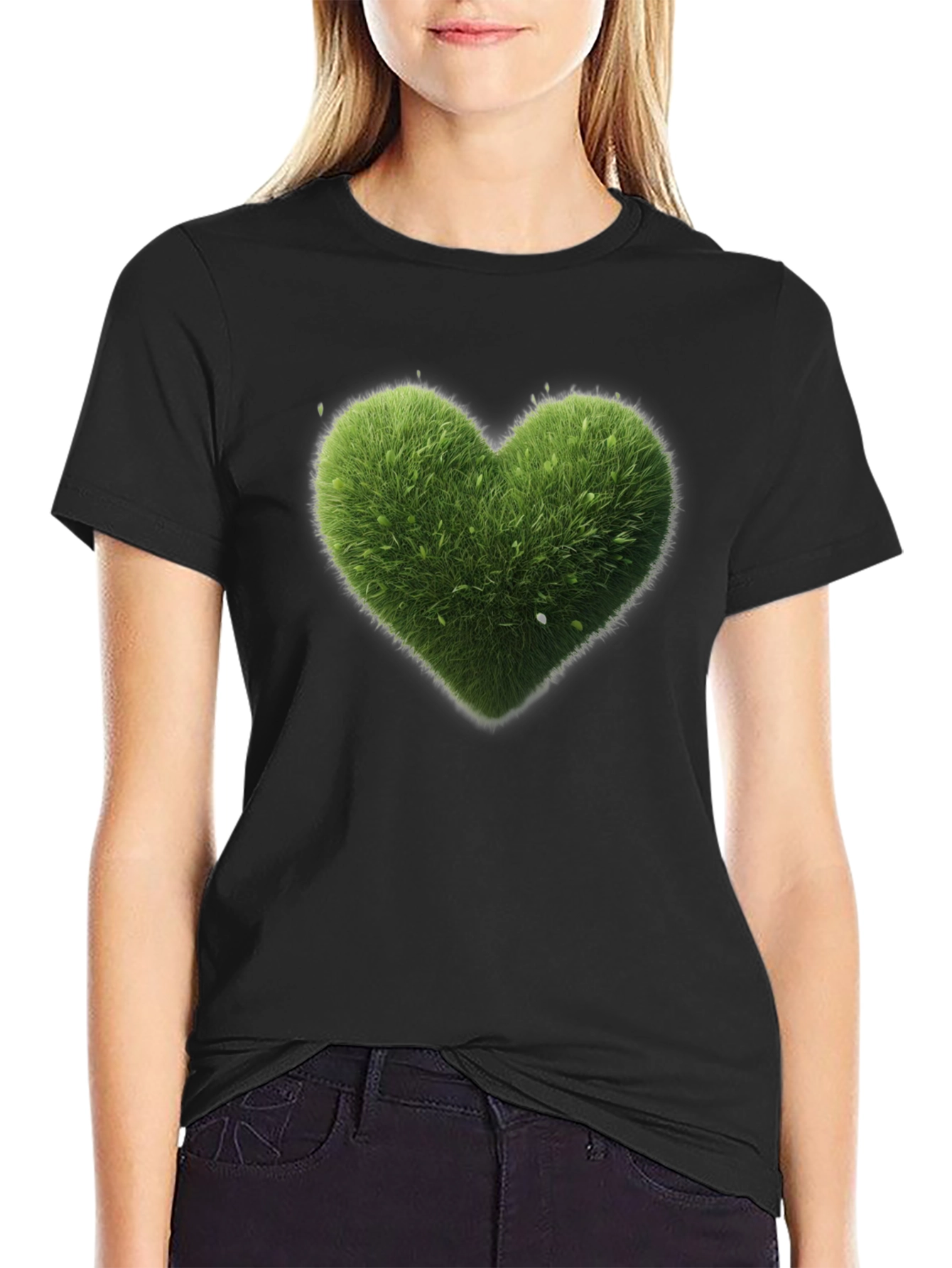 Green Heart Graphic Tee - Black Cotton T-Shirt