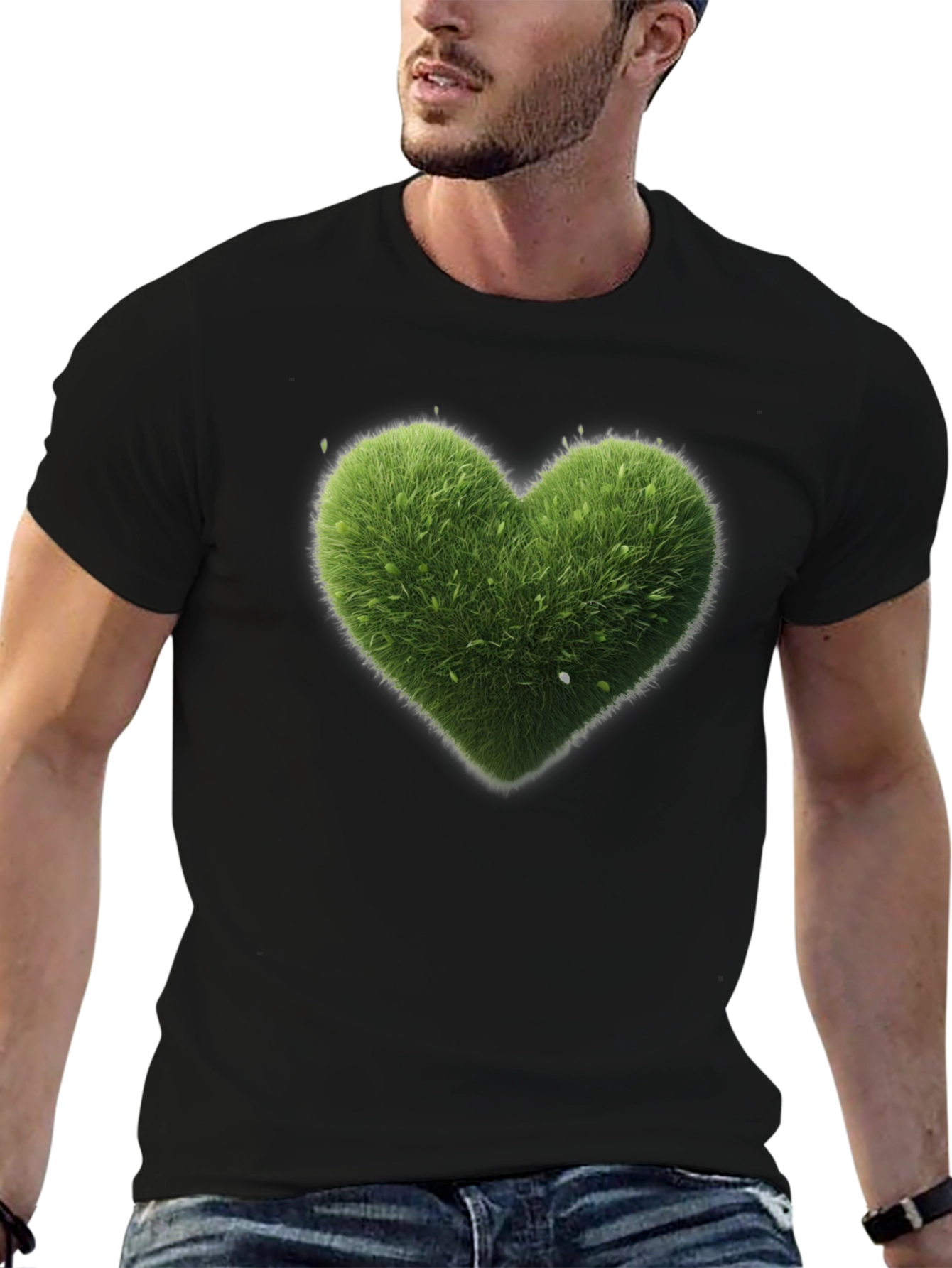Green Heart Graphic Tee - Black Cotton T-Shirt