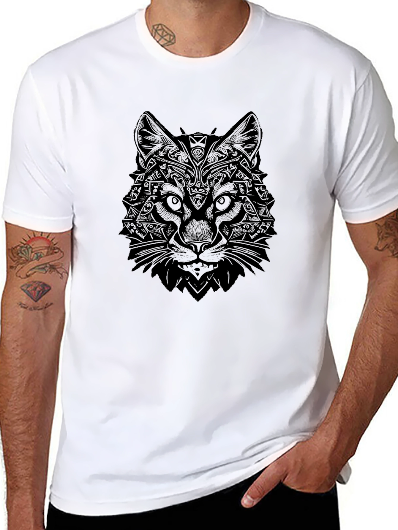 Geometric Wolf Graphic Tee - Black