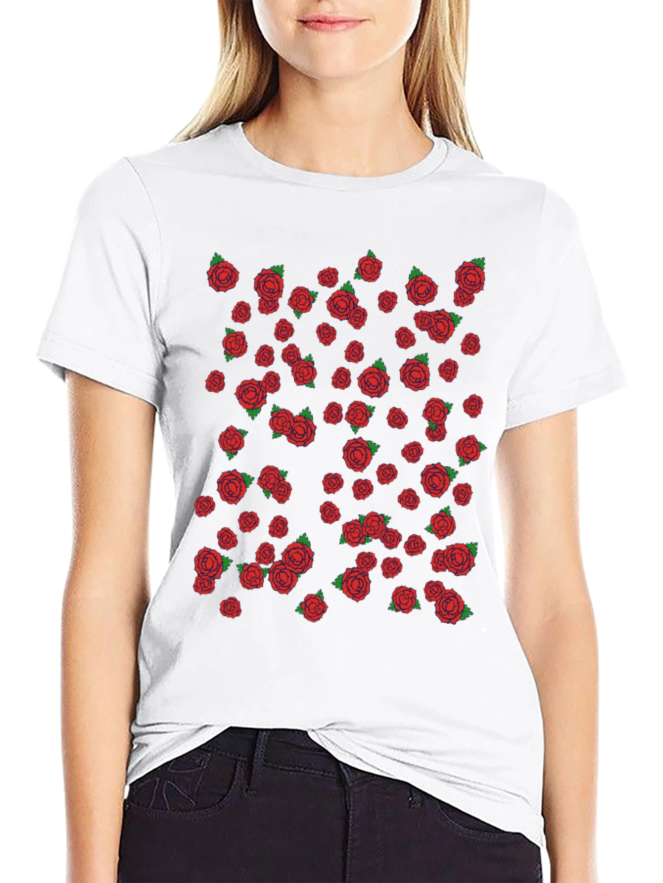 Mens Black T-shirt with Red Rose Pattern
