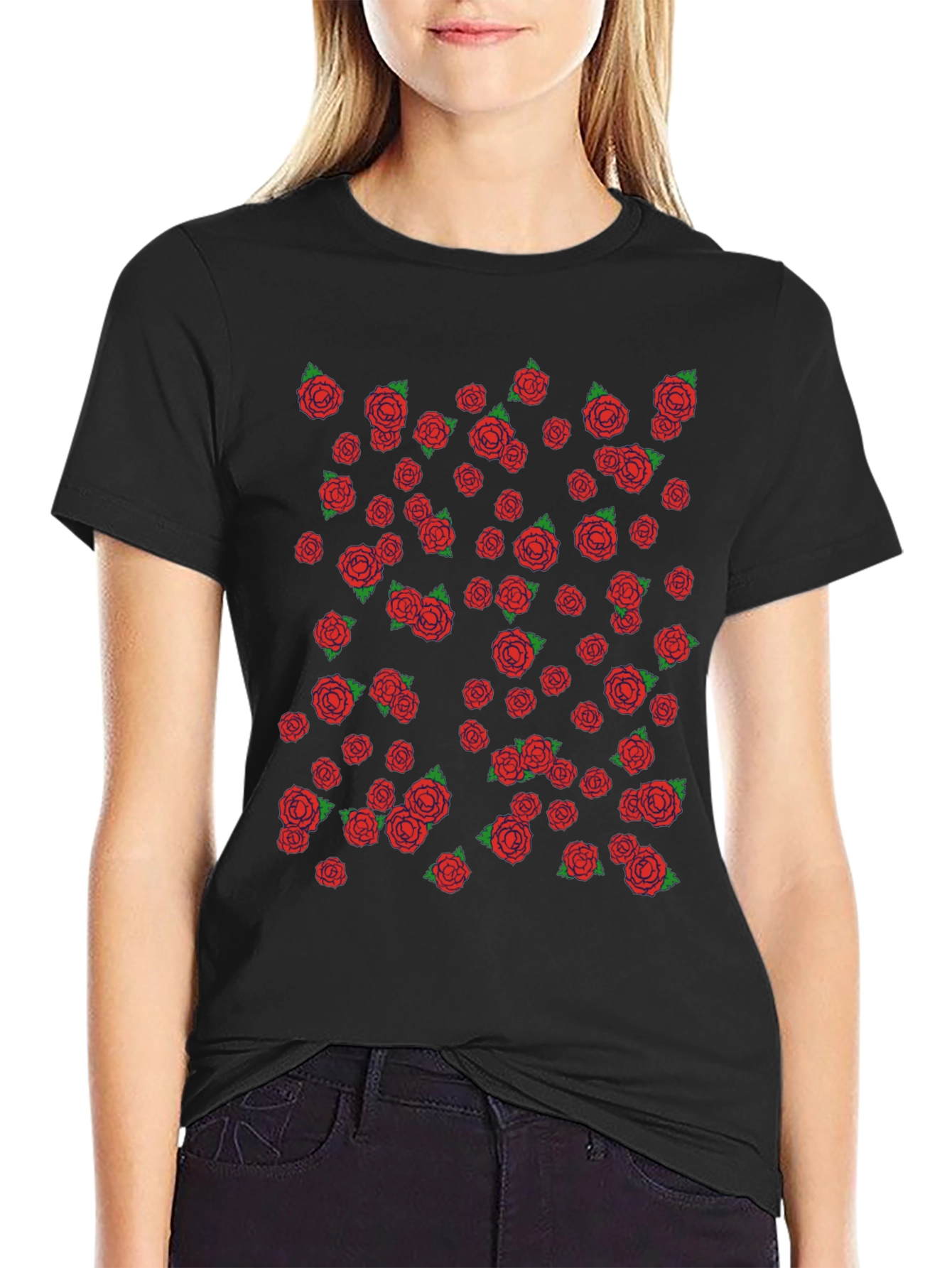 Mens Black T-shirt with Red Rose Pattern