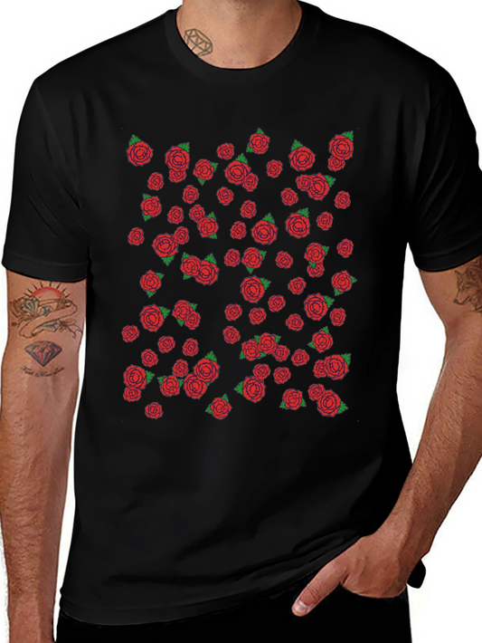 Mens Black T-shirt with Red Rose Pattern