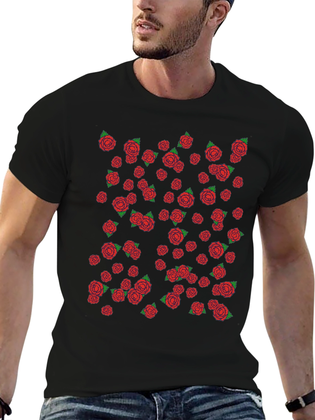 Mens Black T-shirt with Red Rose Pattern