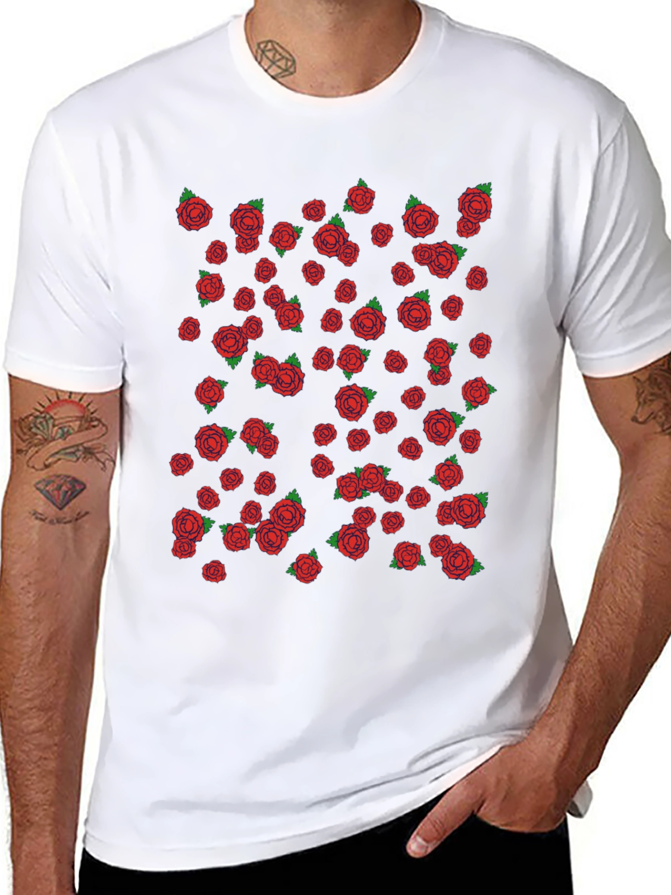 Mens Black T-shirt with Red Rose Pattern