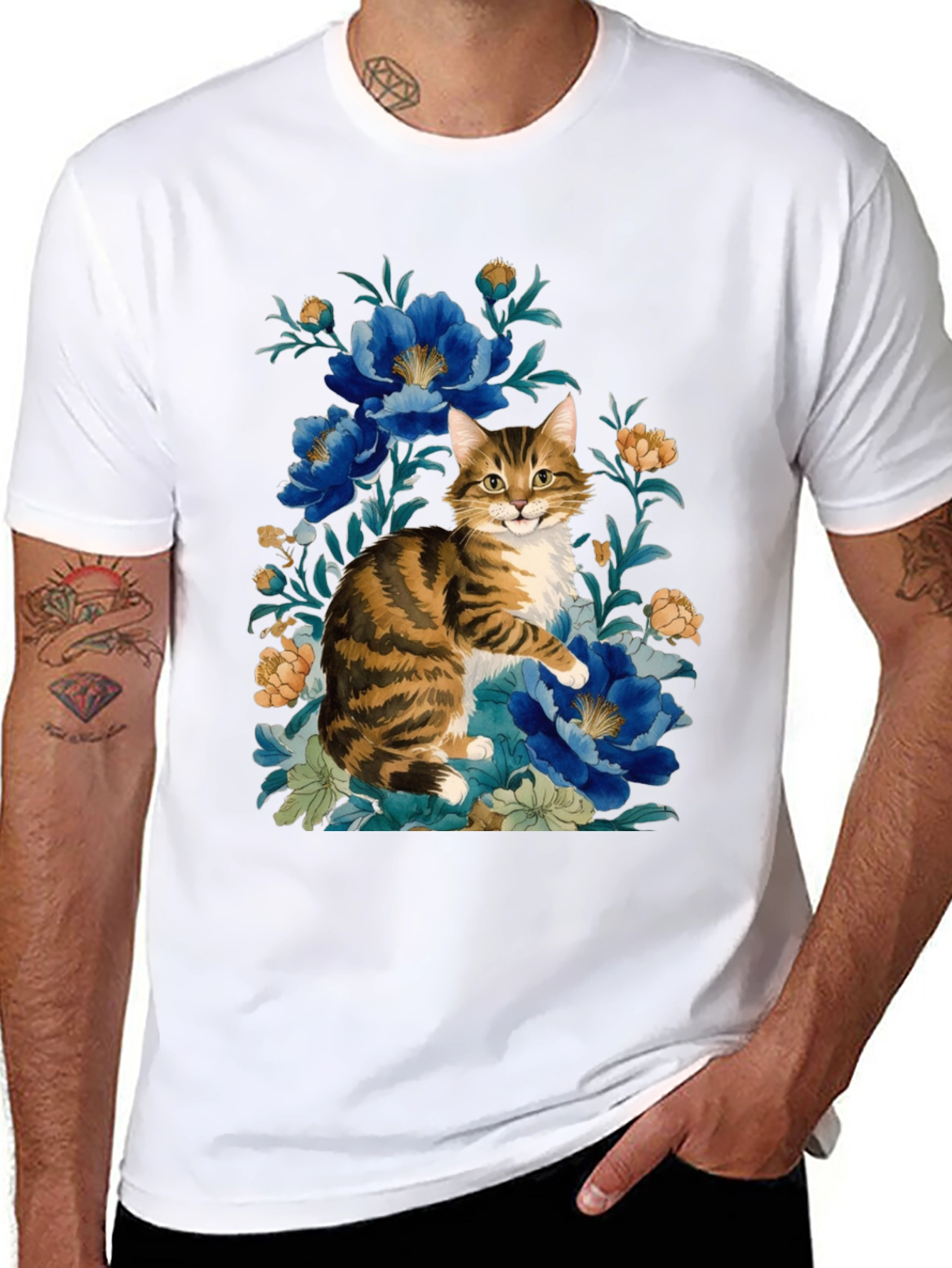 Floral Cat Graphic Tee - Soft Cotton Blend