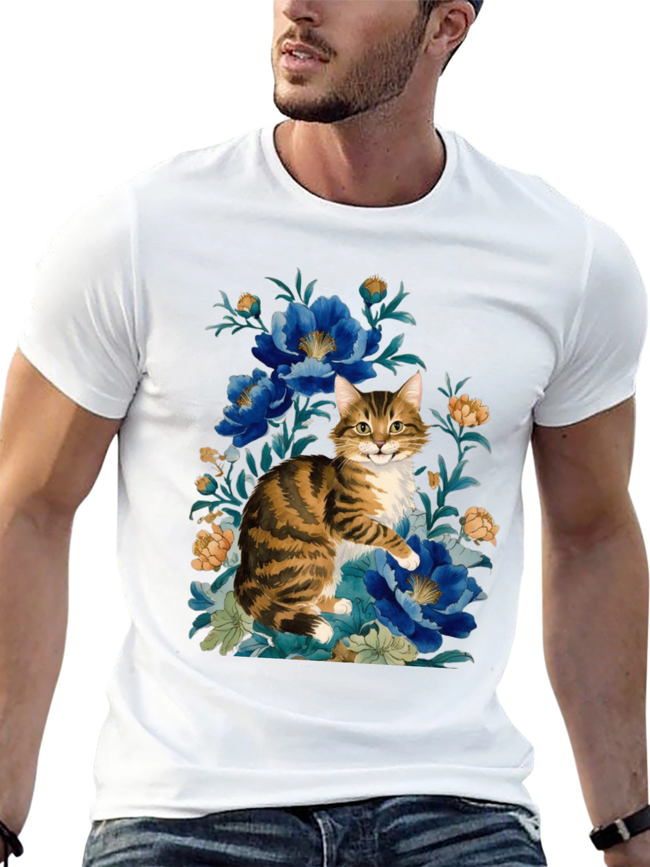 Floral Cat Graphic Tee - Soft Cotton Blend