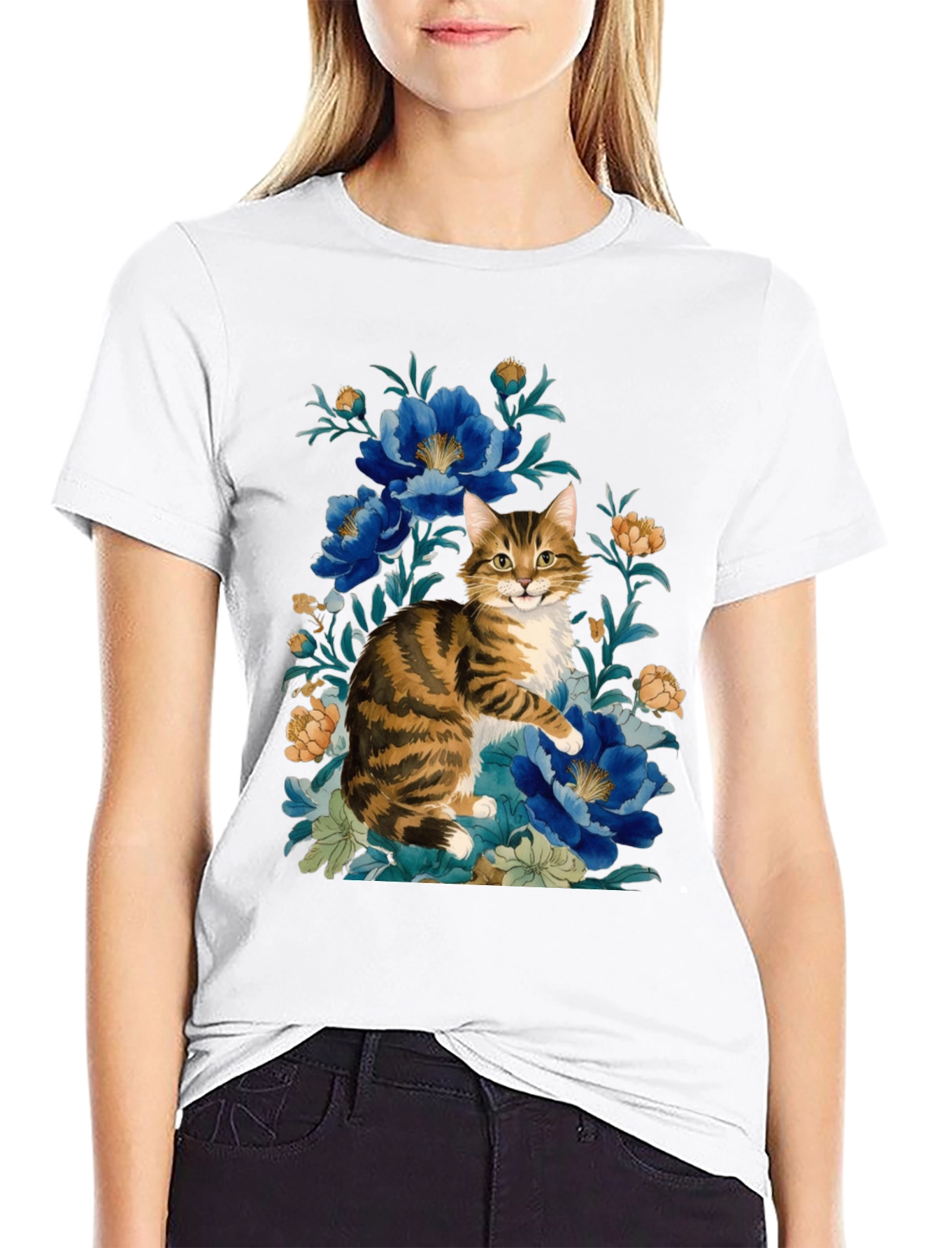 Floral Cat Graphic Tee - Soft Cotton Blend