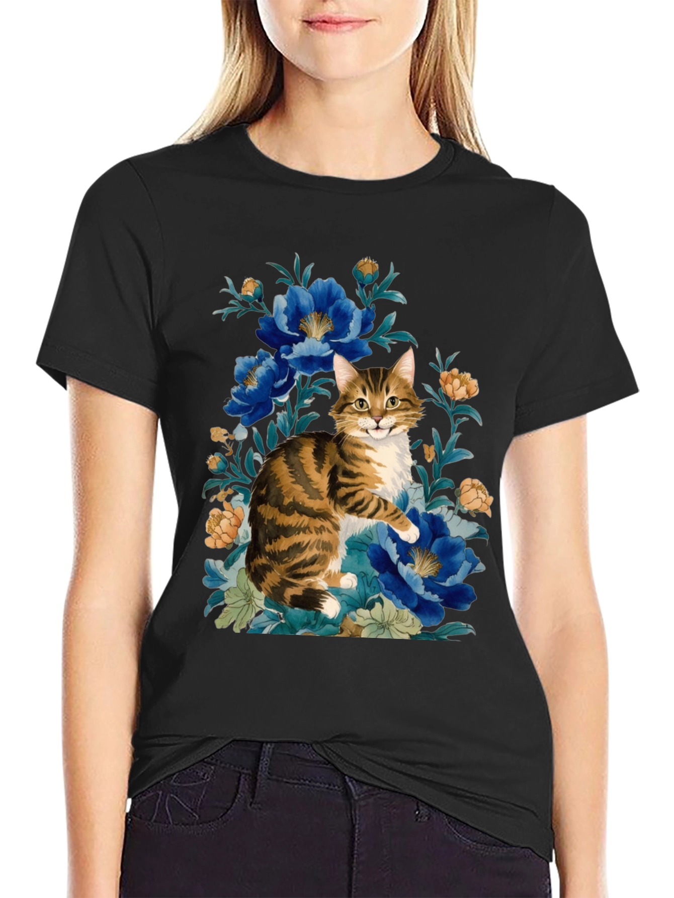 Floral Cat Graphic Tee - Soft Cotton Blend