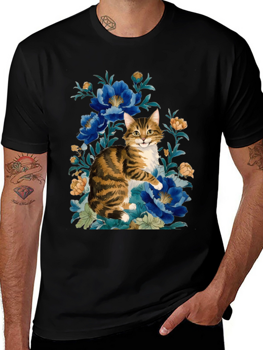 Floral Cat Graphic Tee - Soft Cotton Blend