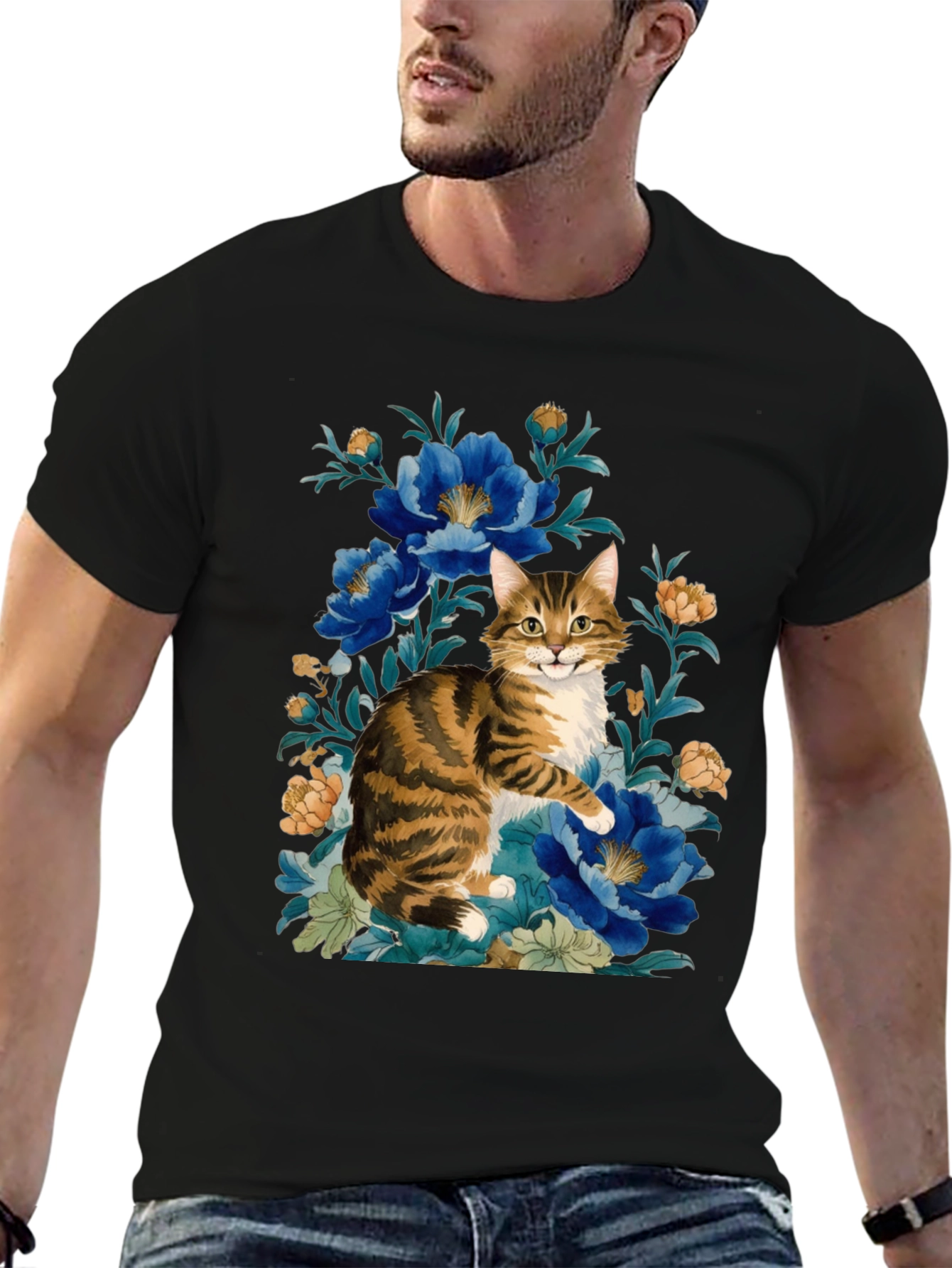 Floral Cat Graphic Tee - Soft Cotton Blend