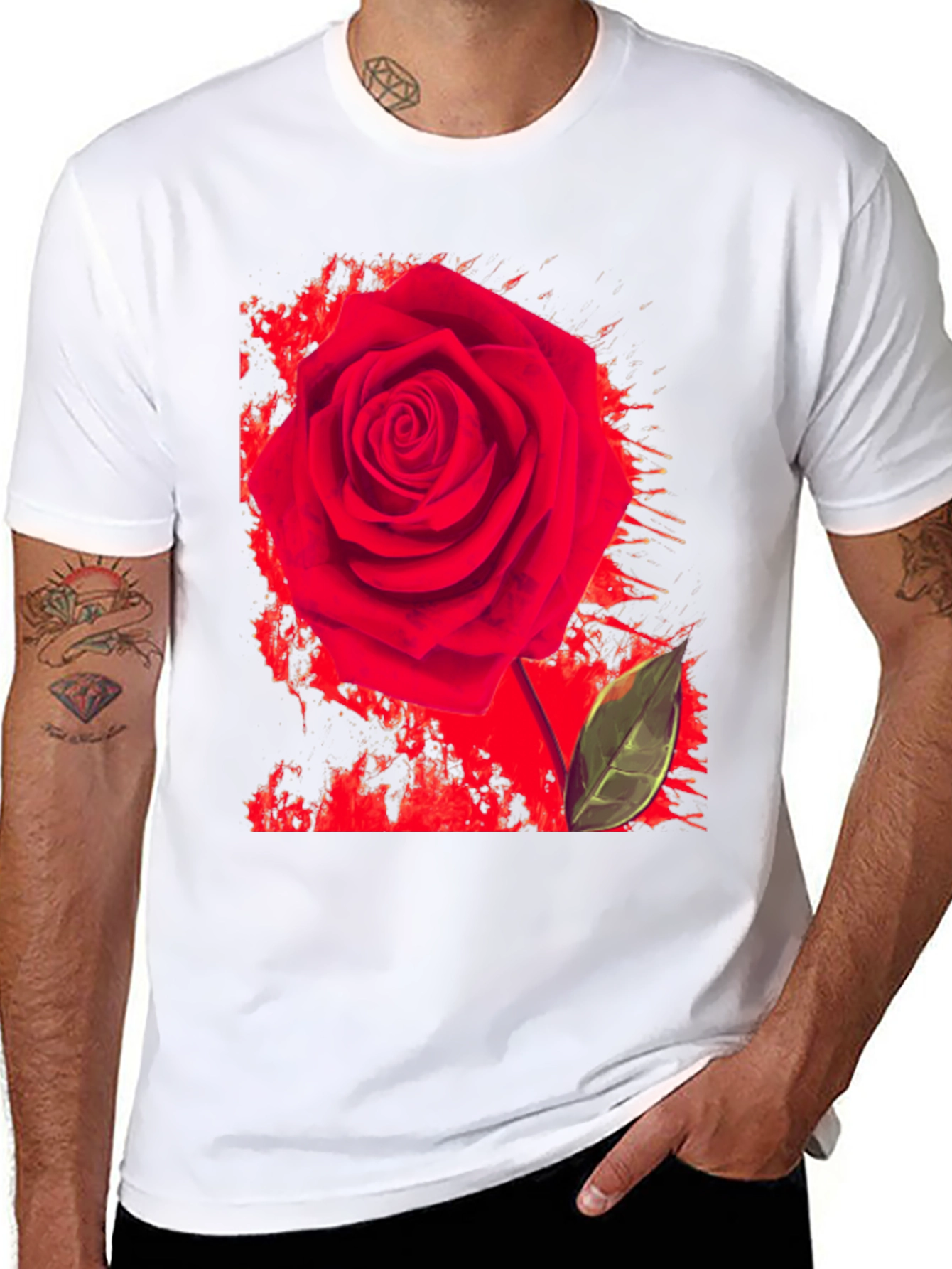 Red Rose Graphic Print T-Shirt - Casual Black Tee