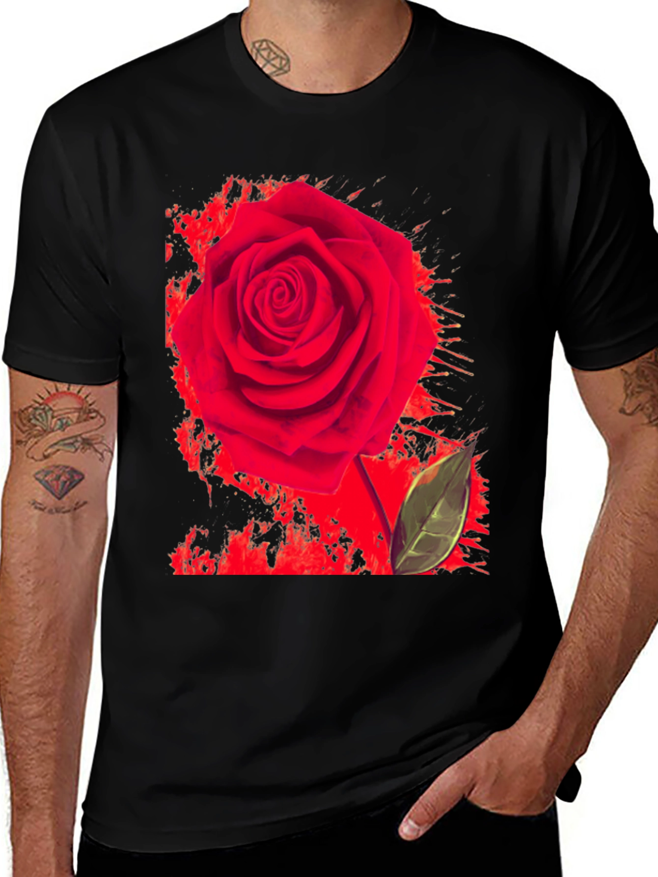 Red Rose Graphic Print T-Shirt - Casual Black Tee