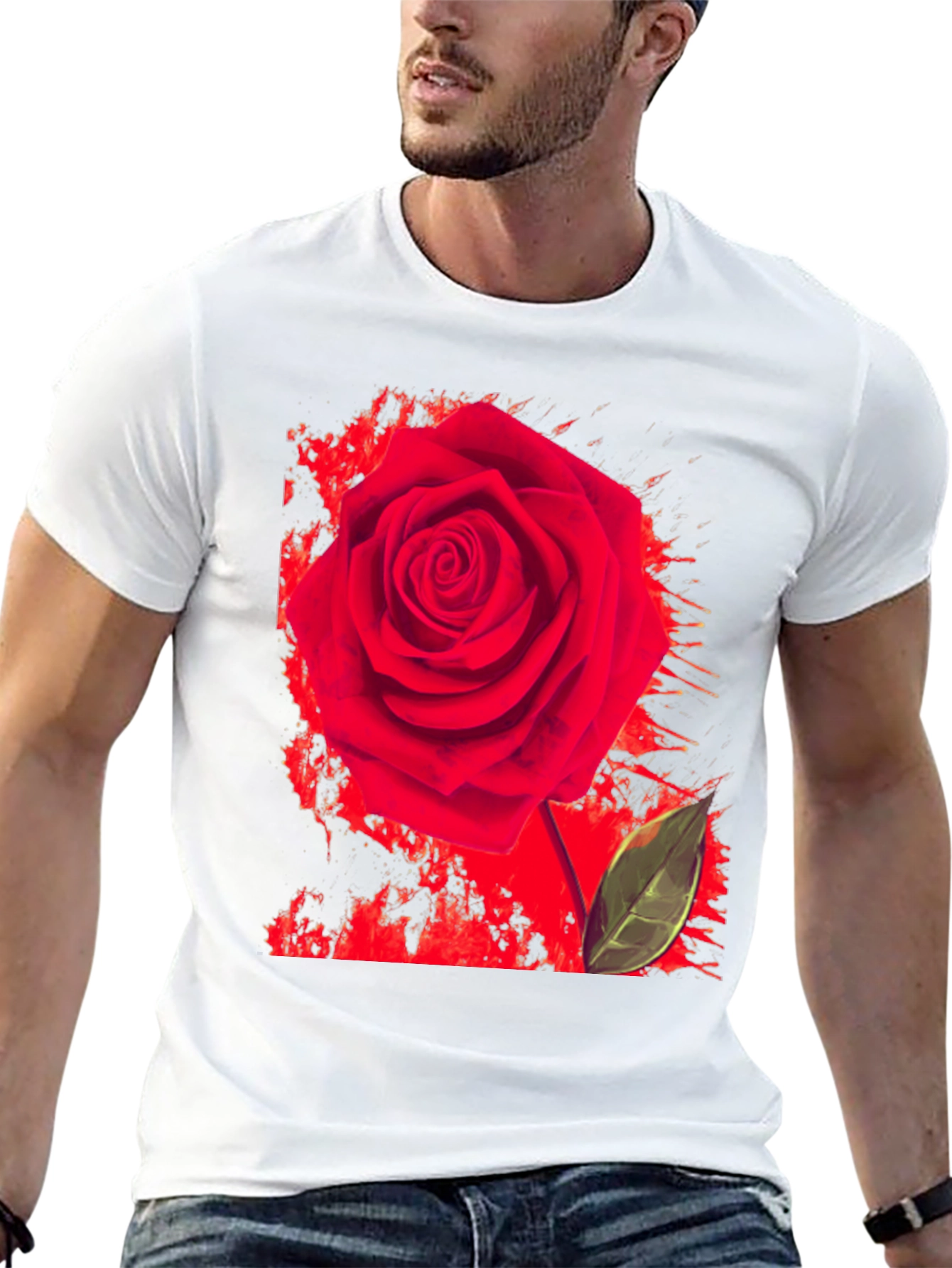 Red Rose Graphic Print T-Shirt - Casual Black Tee