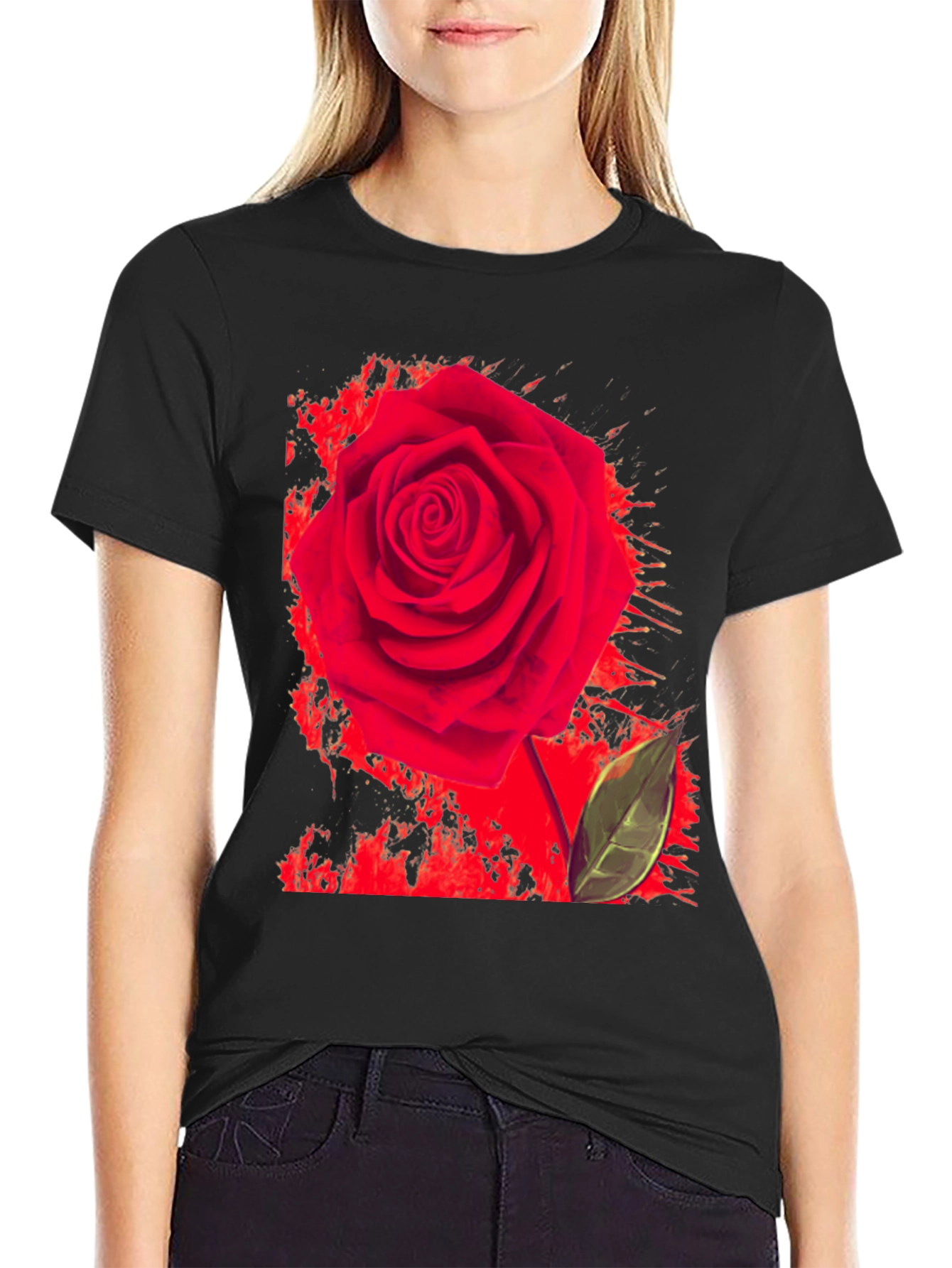 Red Rose Graphic Print T-Shirt - Casual Black Tee