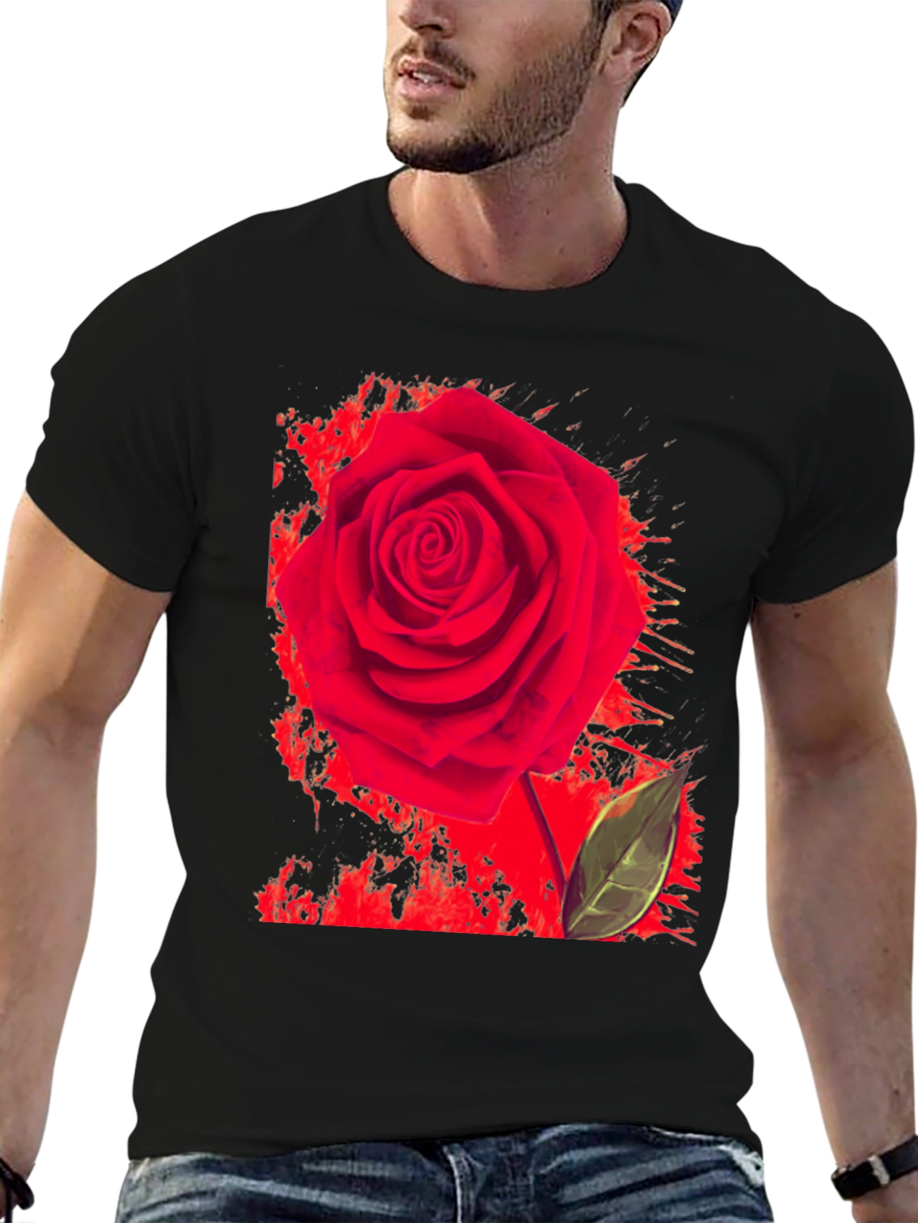 Red Rose Graphic Print T-Shirt - Casual Black Tee