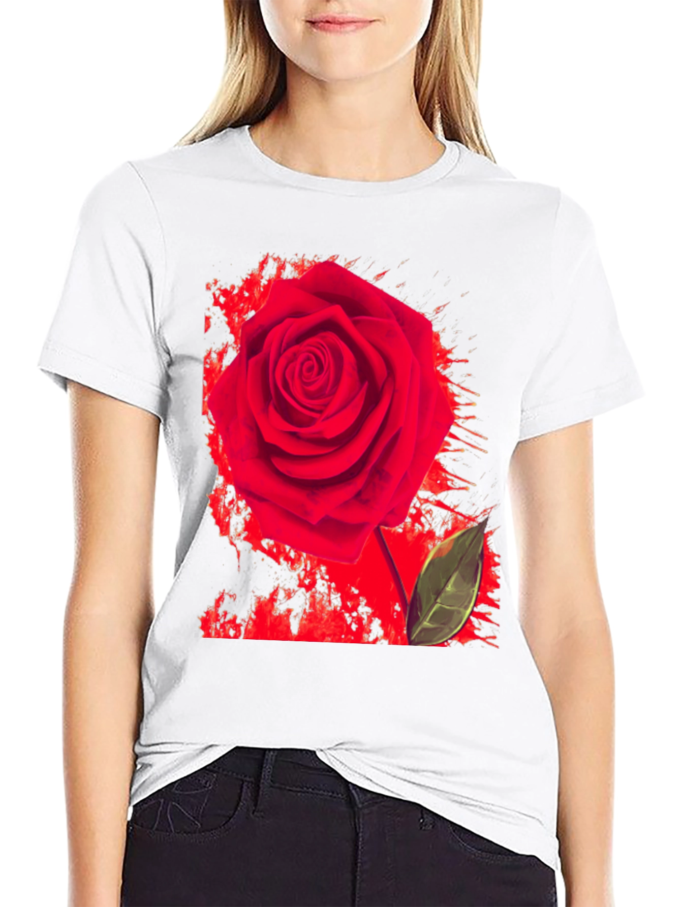 Red Rose Graphic Print T-Shirt - Casual Black Tee