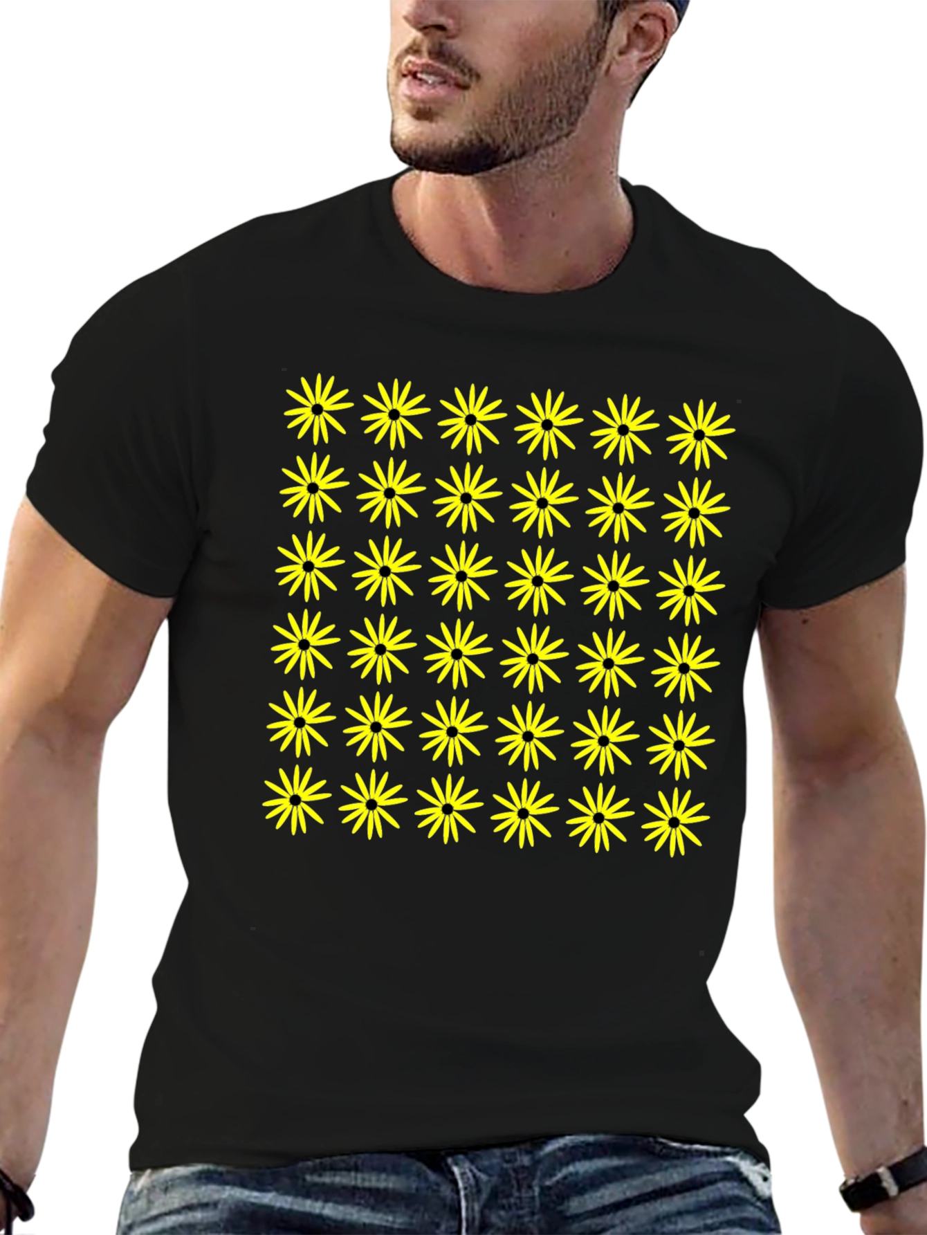 Black T-Shirt with Yellow Flower Pattern