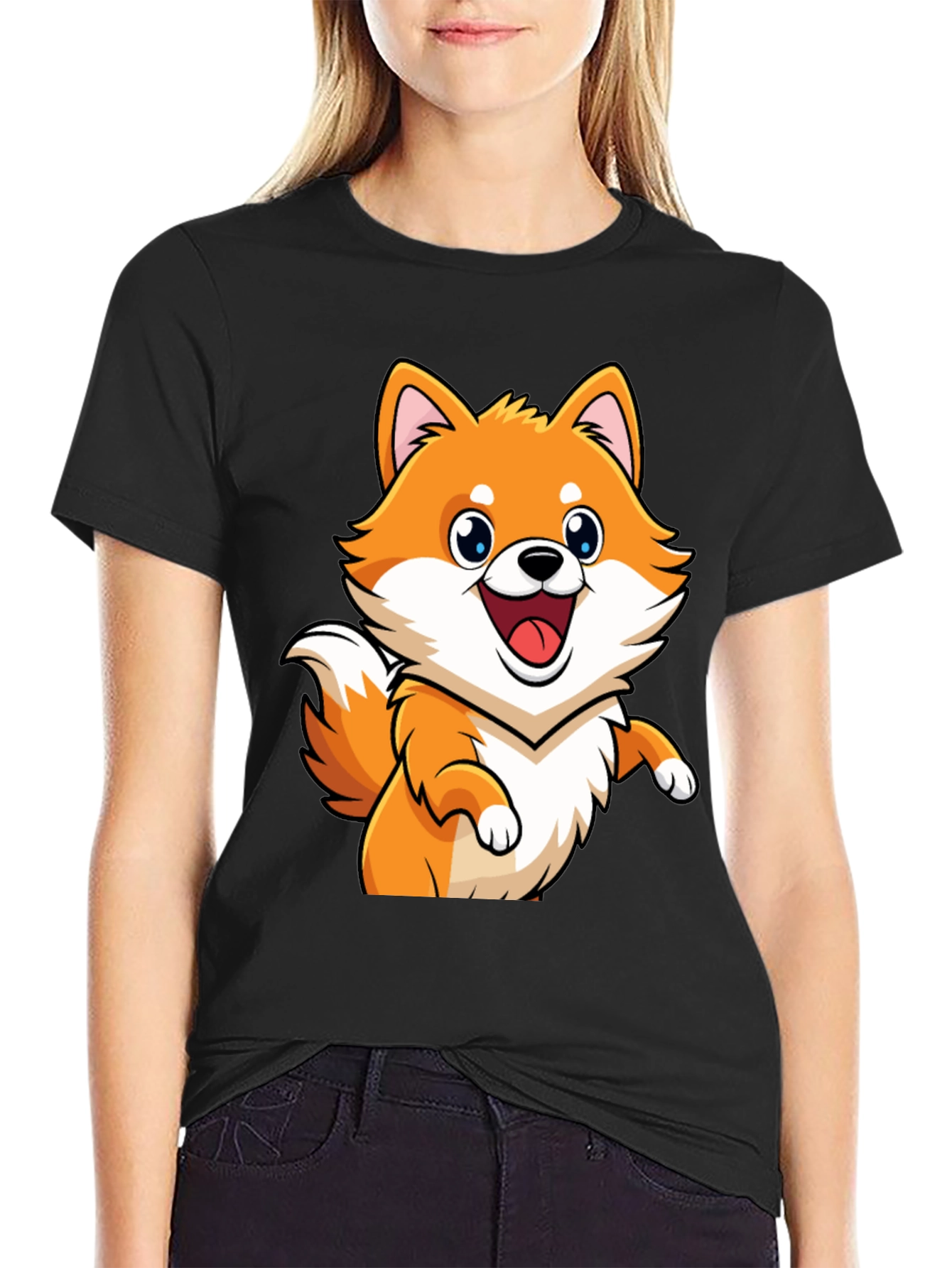 Shiba Inu Cartoon Graphic Black T-Shirt