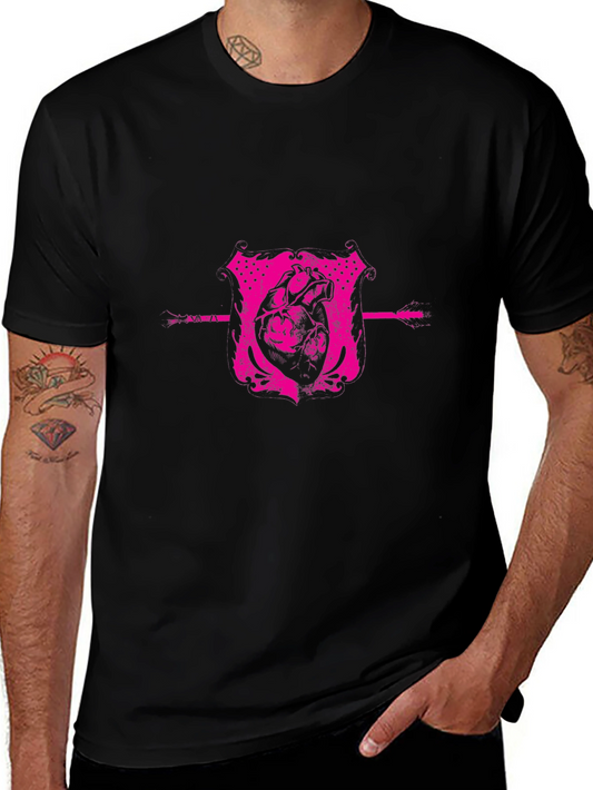 Pink Heart Crest Graphic Black T-Shirt