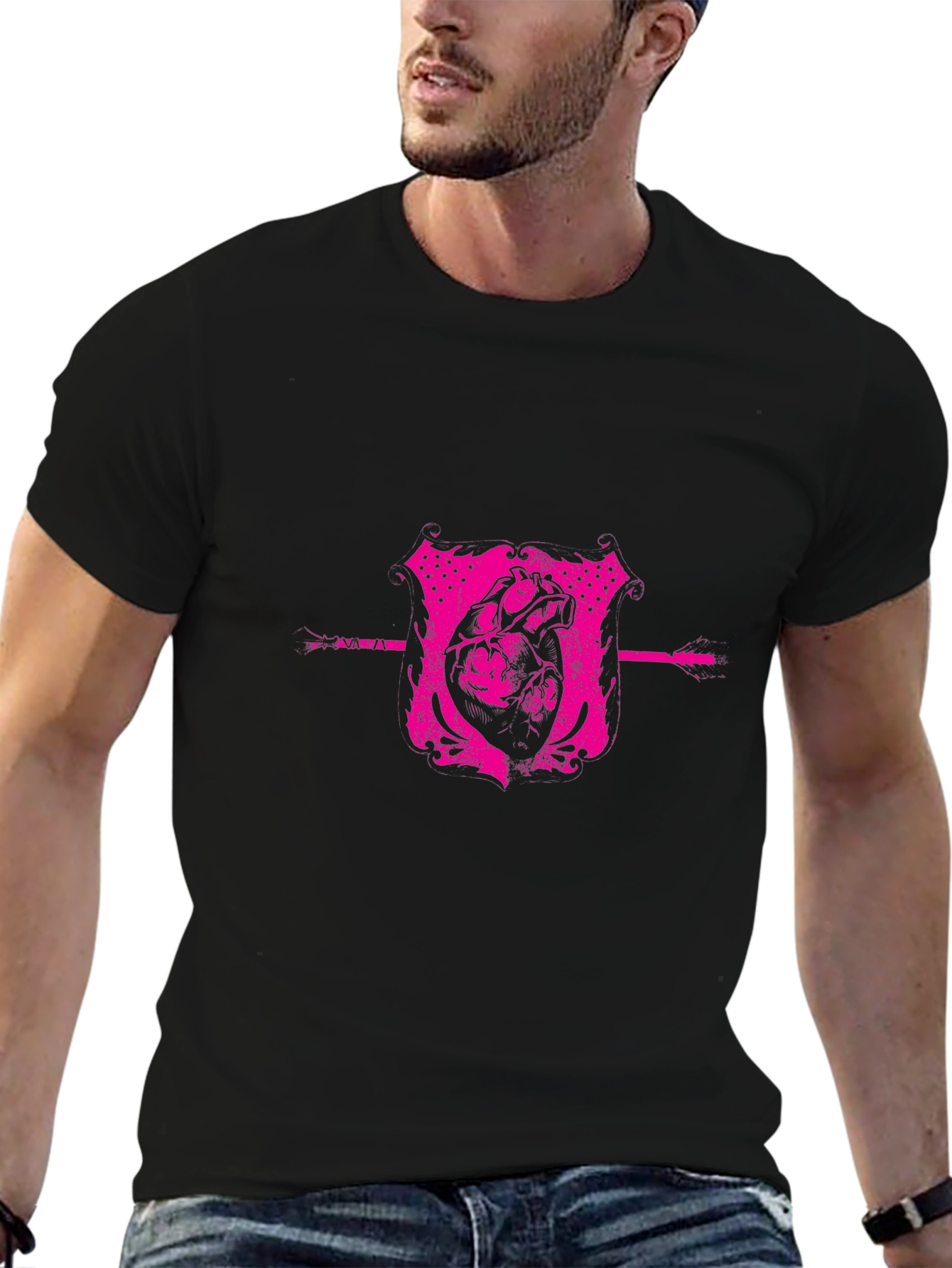 Pink Heart Crest Graphic Black T-Shirt