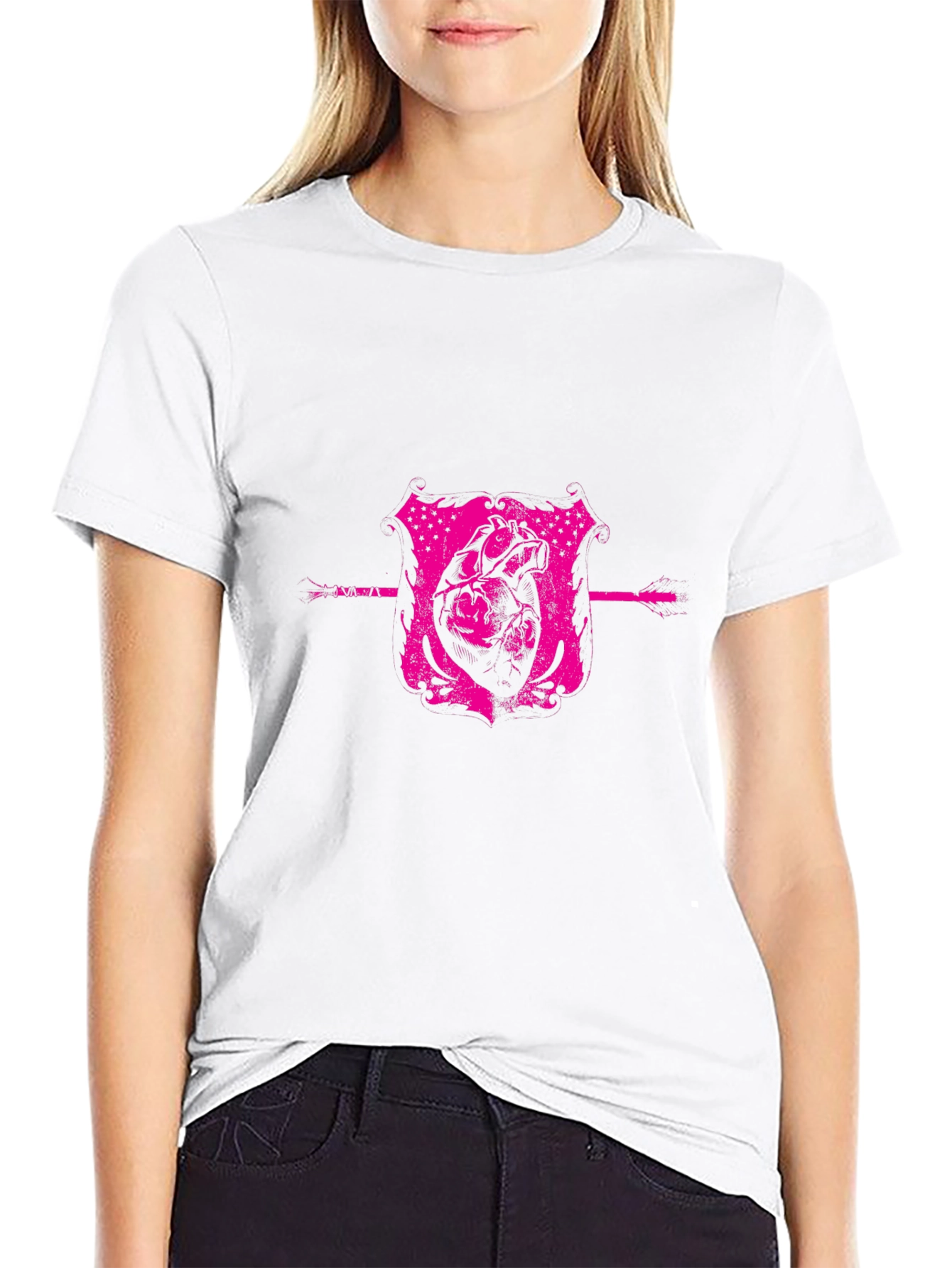 Pink Heart Crest Graphic Black T-Shirt