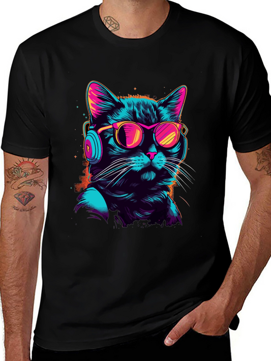 Retro Cat T-Shirt with Headphones & Sunglasses