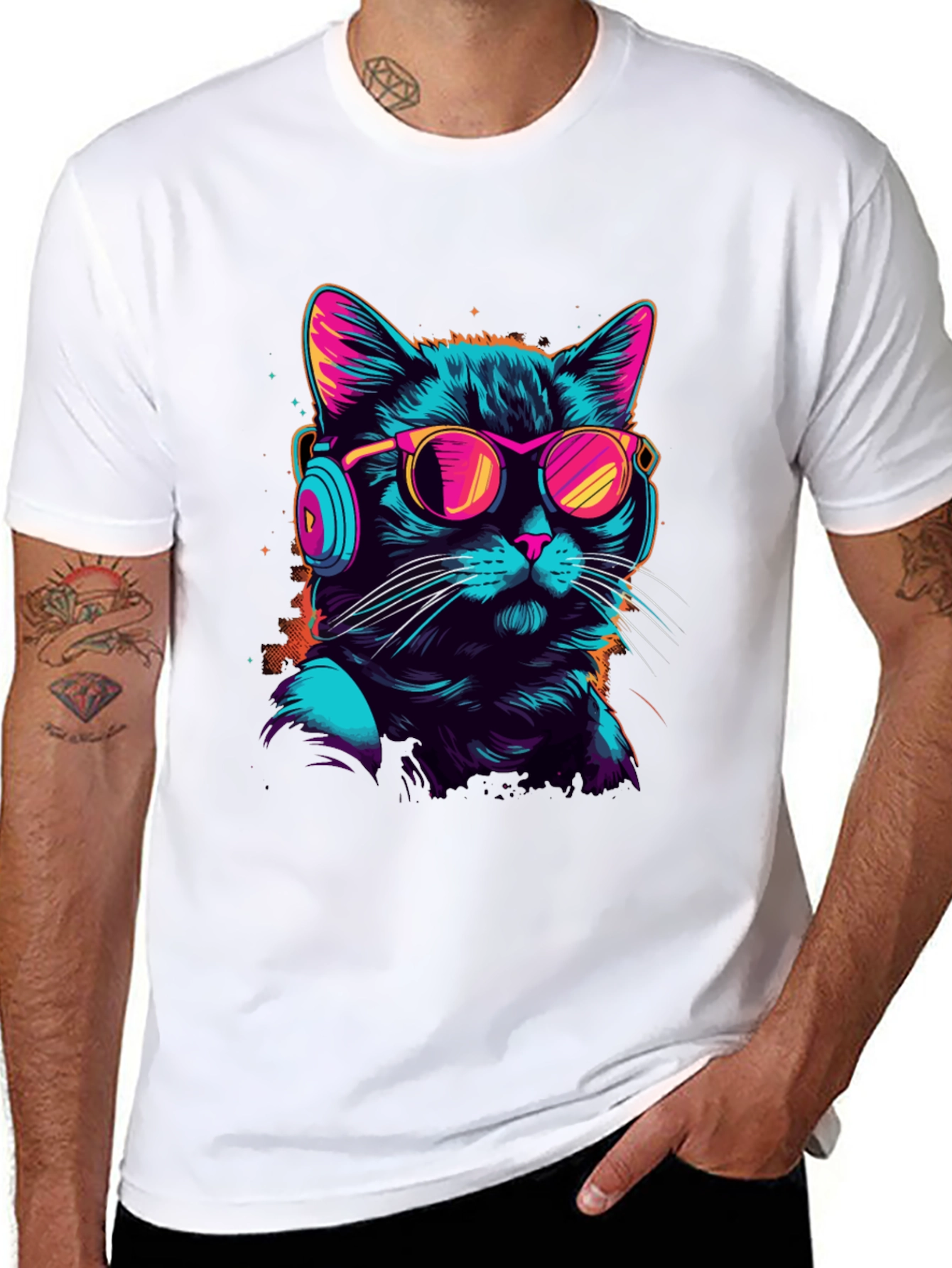 Retro Cat T-Shirt with Headphones & Sunglasses