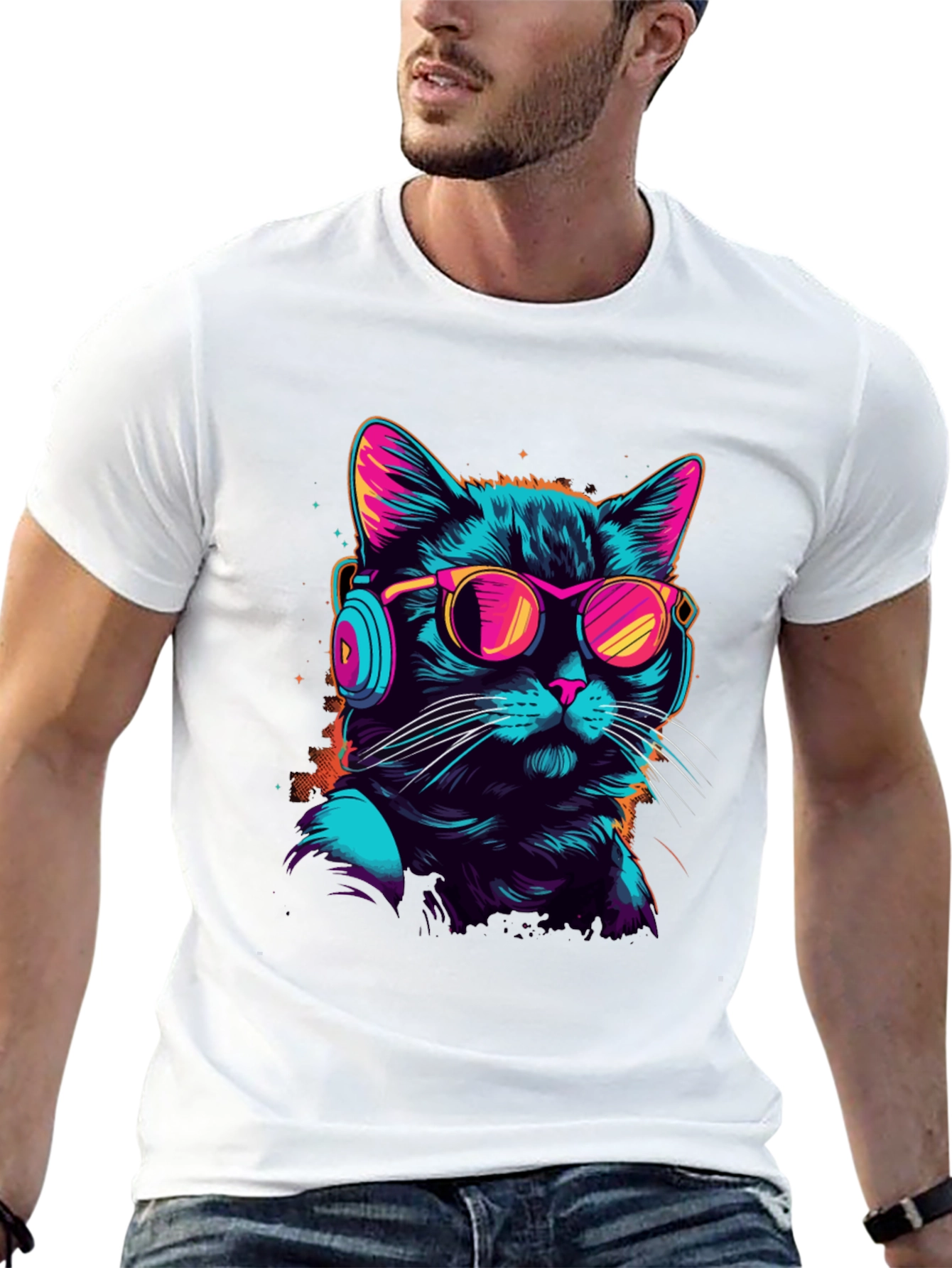Retro Cat T-Shirt with Headphones & Sunglasses