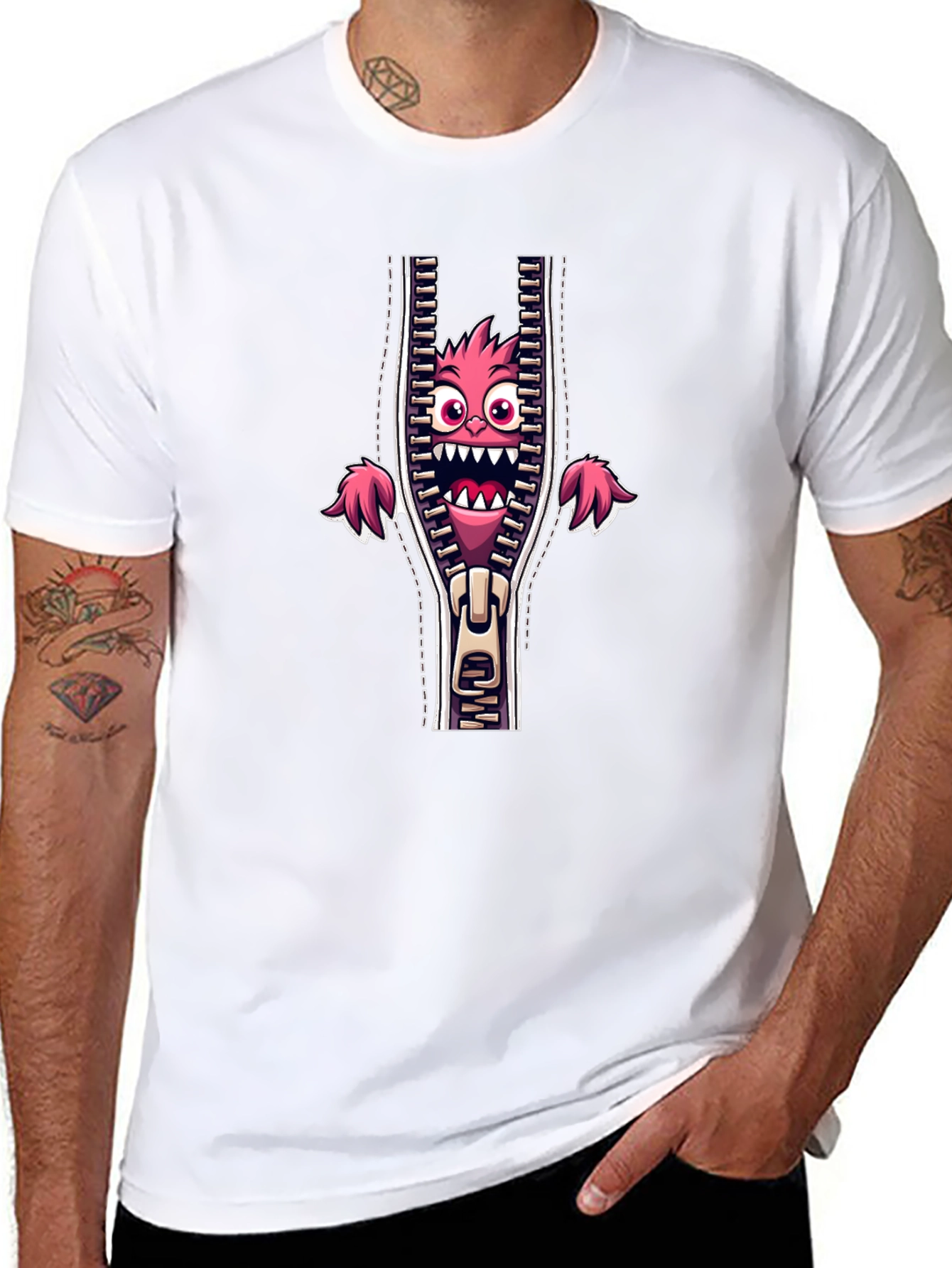 Monster in Zipper Graphic Tee - Funny Cartoon Print