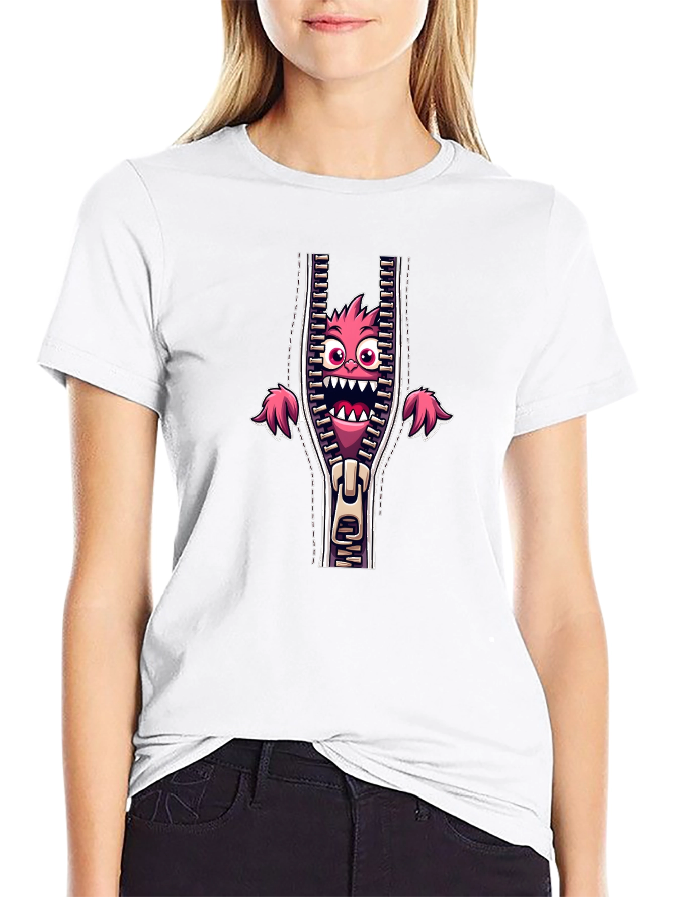 Monster in Zipper Graphic Tee - Funny Cartoon Print